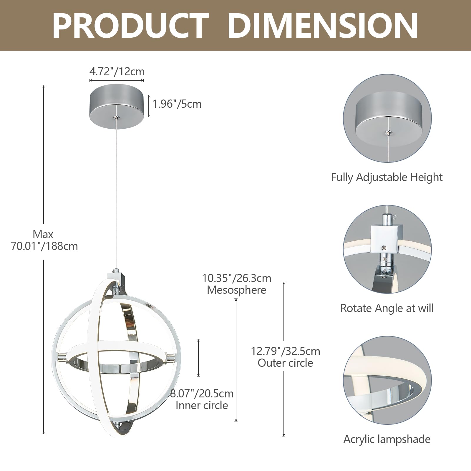 Bnhhlz Modern Led Pendant Light Chrome Pendant Lights 4000K Dimmable External Glow Height Adjustable Pendant Lighting For Kitchen Island Dining Room Bedroom Living Room Foyer(3-Ring)