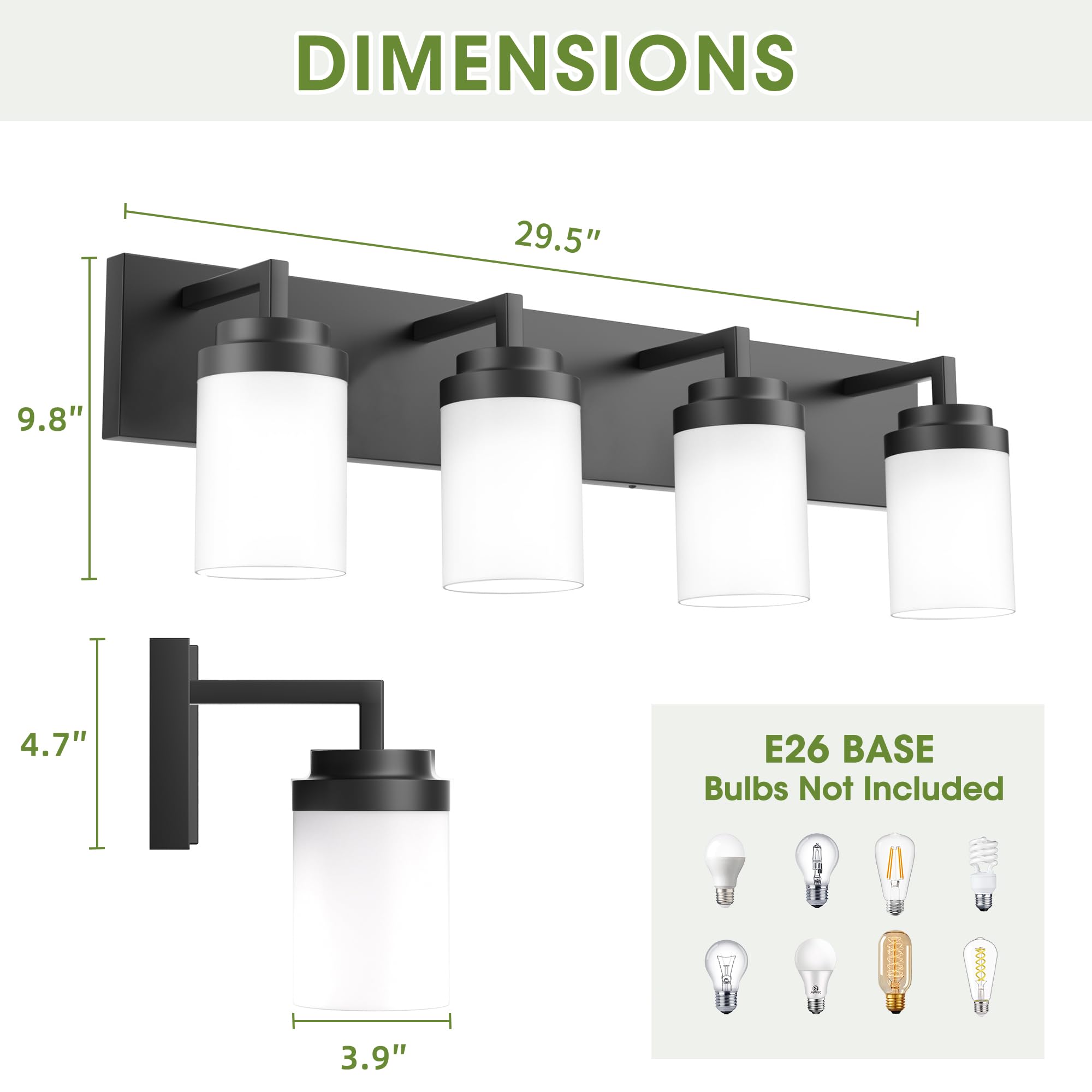 Espird Bathroom Vanity Light - 4 Light Matte Black Fixture with White Glass Shade, 30in Farmhouse Style, Model EL-DBB-B-4