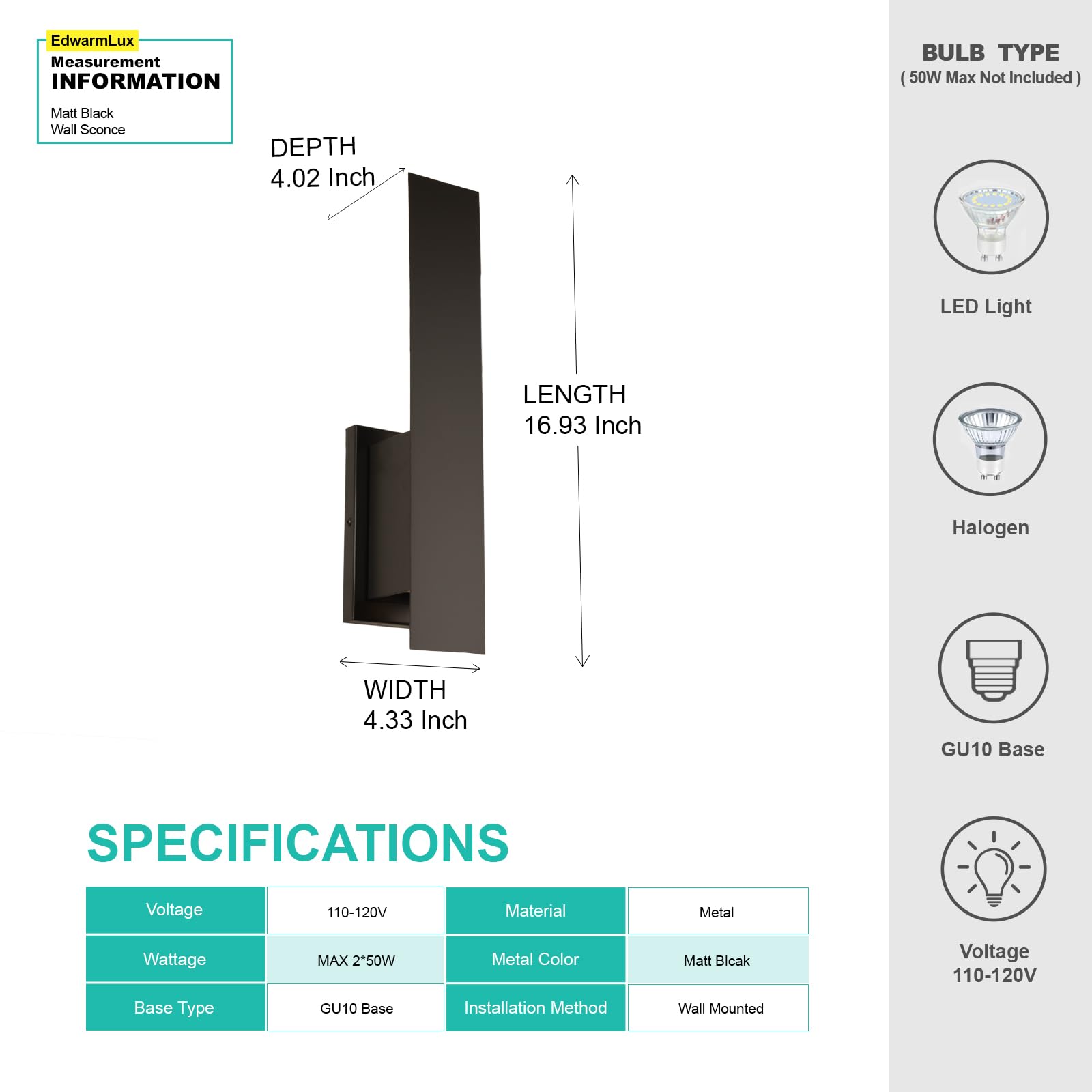 Edwarmlux Modern Wall Sconces, Dimmable Hardwired Lights, 1 Pack, Matt Black, GU10 Bulbs Excluded, Model PL-LR002D