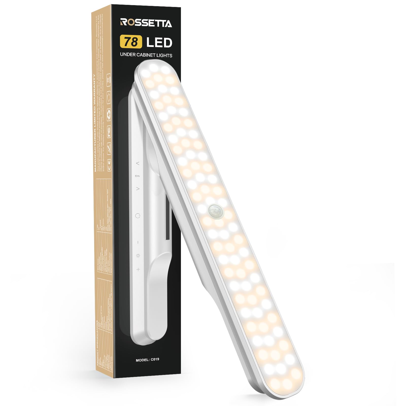 Rossetta Under Cabinet Lights, 78 LED Lights Battery Operated Motion Sensor Light Indoor, Wireless Rechargeable Dimmable Closet