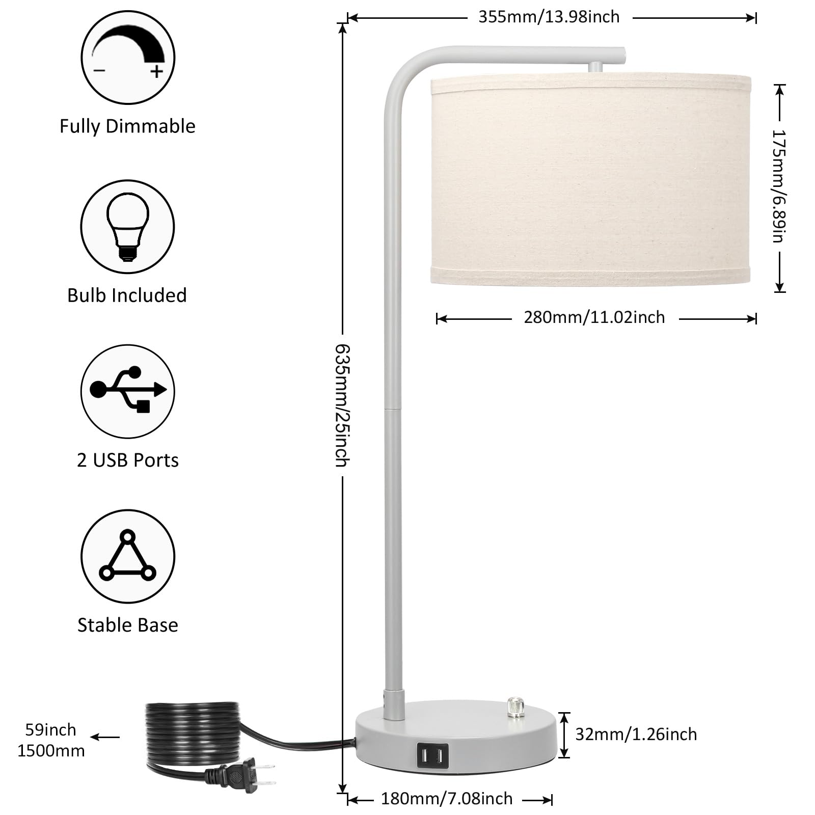 Table Lamp With Usb Ports, Fully Dimmable Nightstand Lamp For Living Room, Modern Grey Bedside Lamp, Tall Table Lamp With Beige