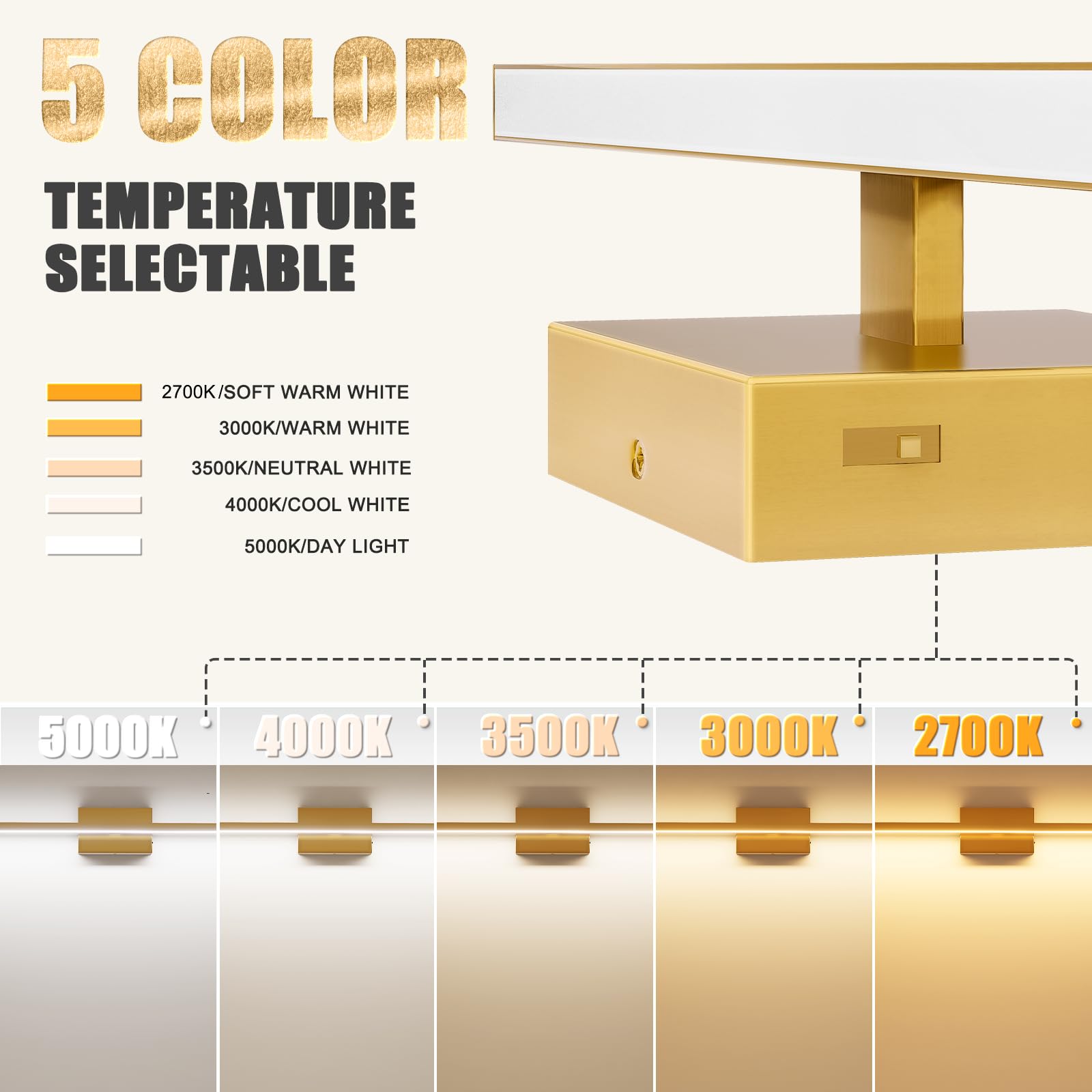 VOLISUN Bathroom Vanity Light 24W Dimmable 5CCT 39.4 inch Brass Model 2160001ZM