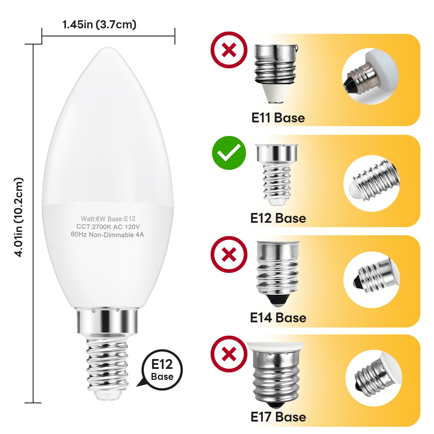 Hengbo Led E12 Led Candelabra Bulbs, 60W Equivalent E12 Light Bulbs, C37 Candle Base Chandelier Light Bulbs, Warm White 2700K, N