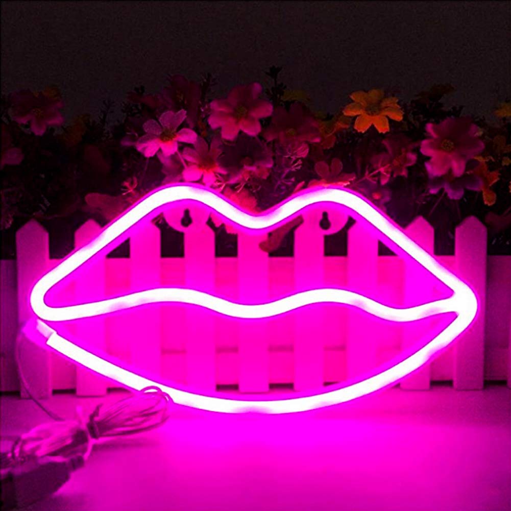 MorTime LED Neon Light, Pink Lip Shaped Sign for Party and Room Decoration, Plastic, Model LJQICLWN31