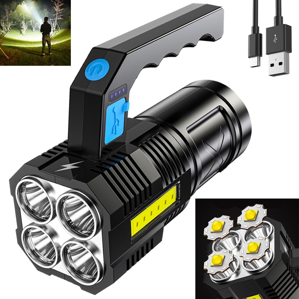 Wrrozz LED Flashlight USB Rechargeable, High Lumens Tactical Light with Sidelight, 4X LED, Spotlight, Handheld Super Brightest F