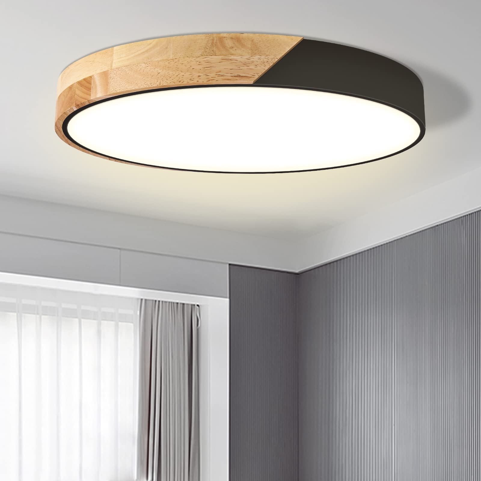 Led Ceiling Light Flush Mount: 15.8 Inch 30W Bedroom Light Fixture With Round Wood Modern Black Flat Overhead Minimalist Ceiling Lamps For Kitchen Hallway Laundry Warm White 3000K, Not Dimmable