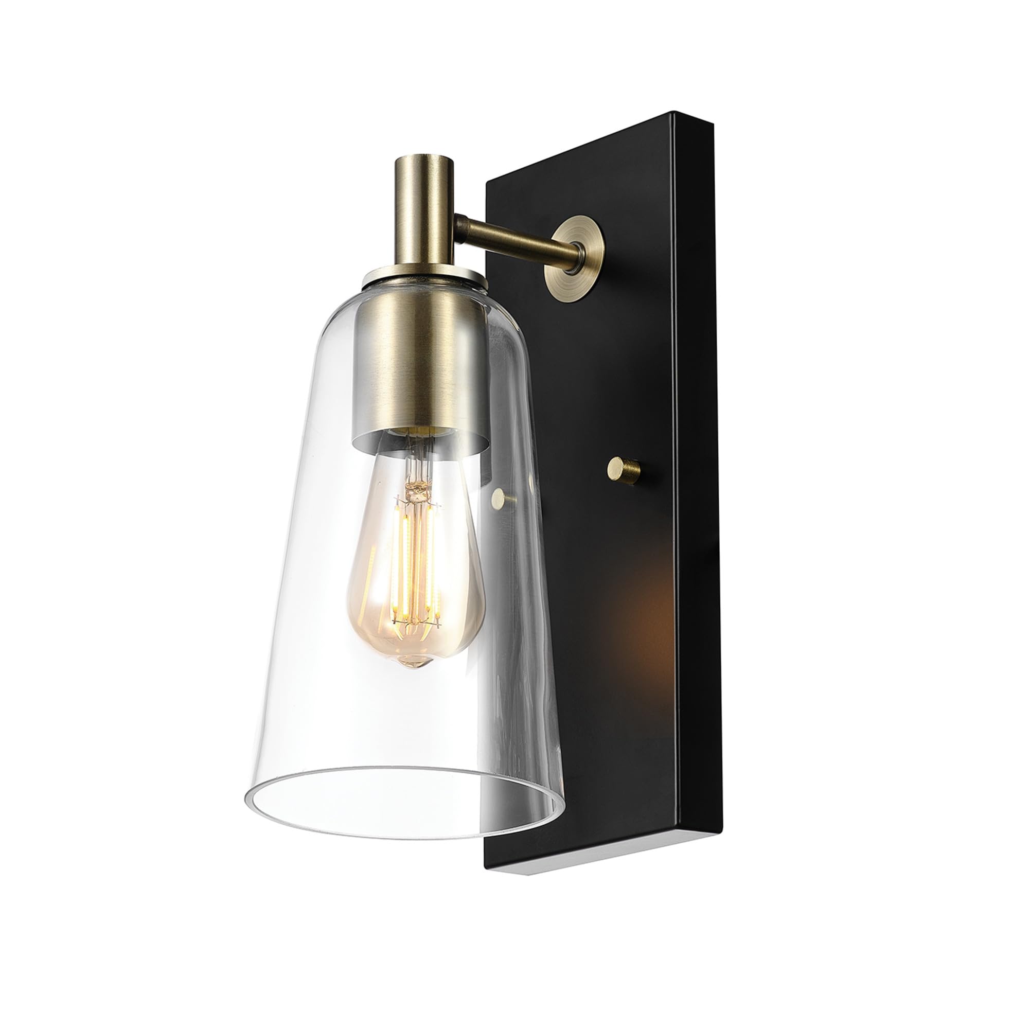 Globe Electric 65000045 1-Light Wall Sconce, Matte Black, Matte Brass Accents, Clear Glass Shade, Wall Lights For Living Room, B