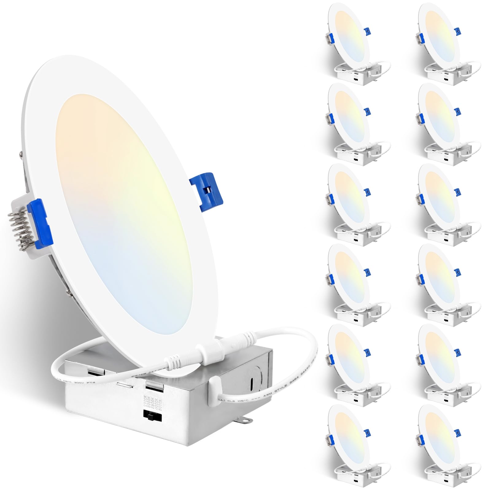 12 Pack Canless Recessed Lighting 6 Inch 12W 5CCT Dimmable Wafer Downlight with Junction Box, 1200Lm, 2700K/3000K/3500K/4000K/50