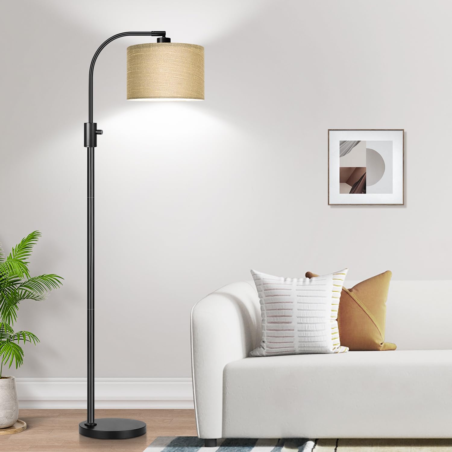 Nintiue Upgraded Modern Arc Dimmable Tall Standing Floor Lamp with Linen Shade  1200 Lumens LED Bulb Included  for Living & Reading Room  Bedroom  Office & Nursery  Matte Brown
