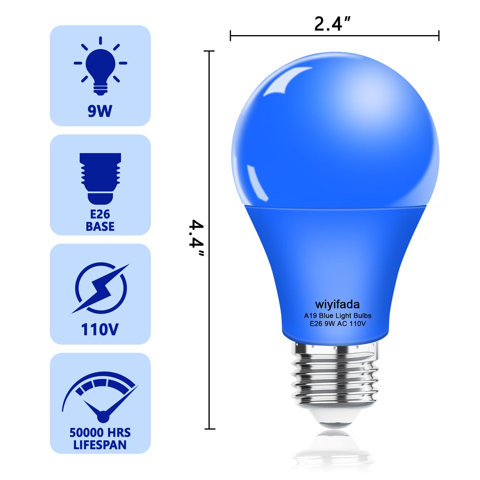 Wiyifada A19 LED Blue Light Bulbs, 9W (Replace up to 100W), 2 Pack, Ideal for Home, Porch, Party, and Holiday Lighting