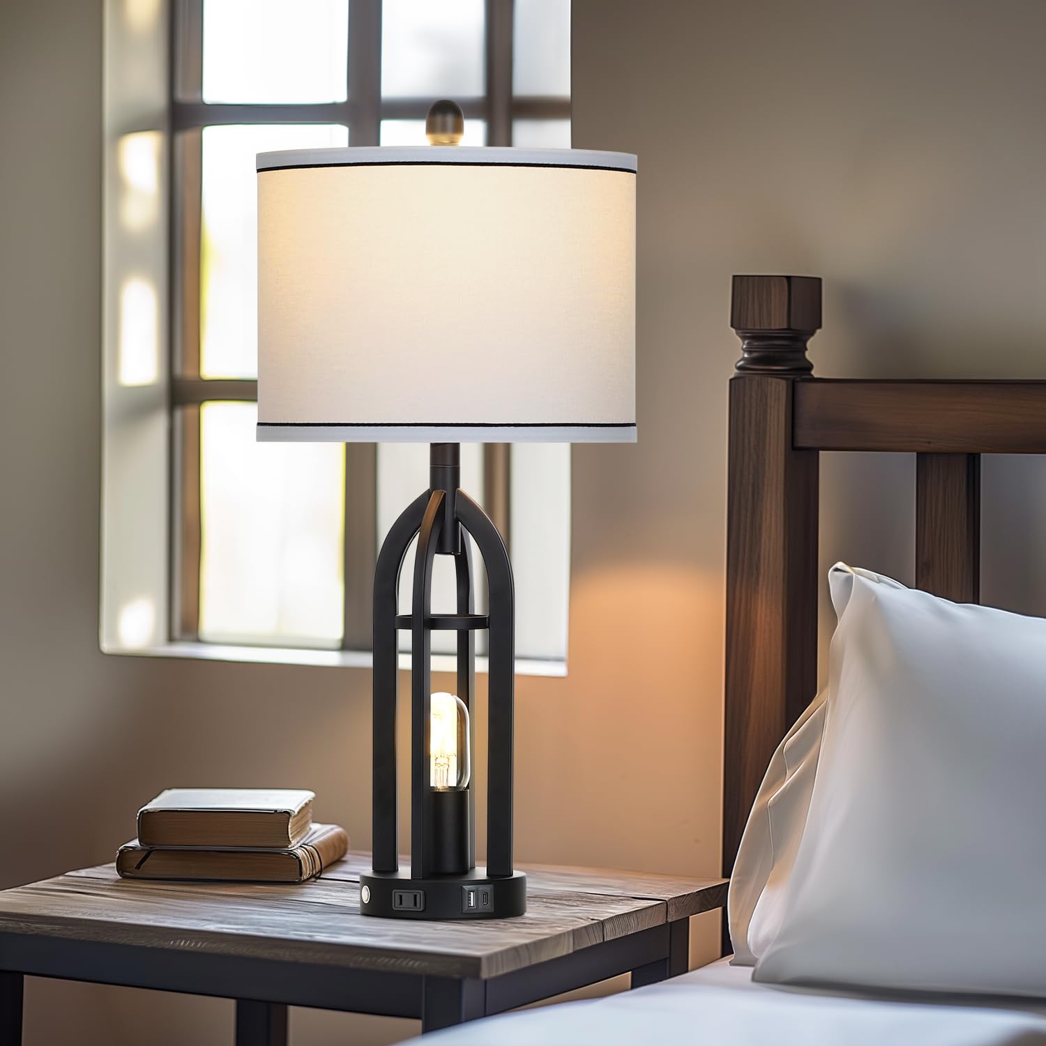 27'' Black Table Lamp For Living Room,Black Table Lamps Set Of 2 With Usb & Ac Outlet, 3-Way Dimmable Farmhouse Lamps For Night