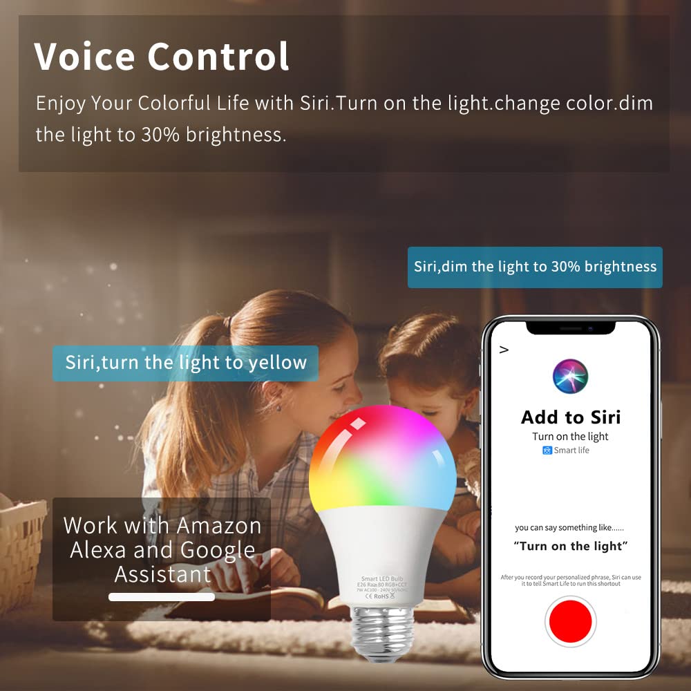 Peteme Smart WiFi LED RGB Light Bulbs, E26 A19 Multicolor, 4 Pack, Compatible with Alexa, Siri, Google Home, Glass, Brown
