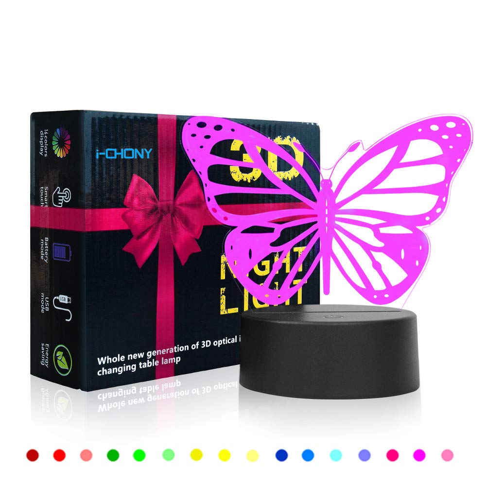 i-CHONY Butterfly 3D Night Light Lamp with Remote Control, 7 Colors, USB Powered, Model ch-59156, Perfect Birthday Gift for Women and Teens