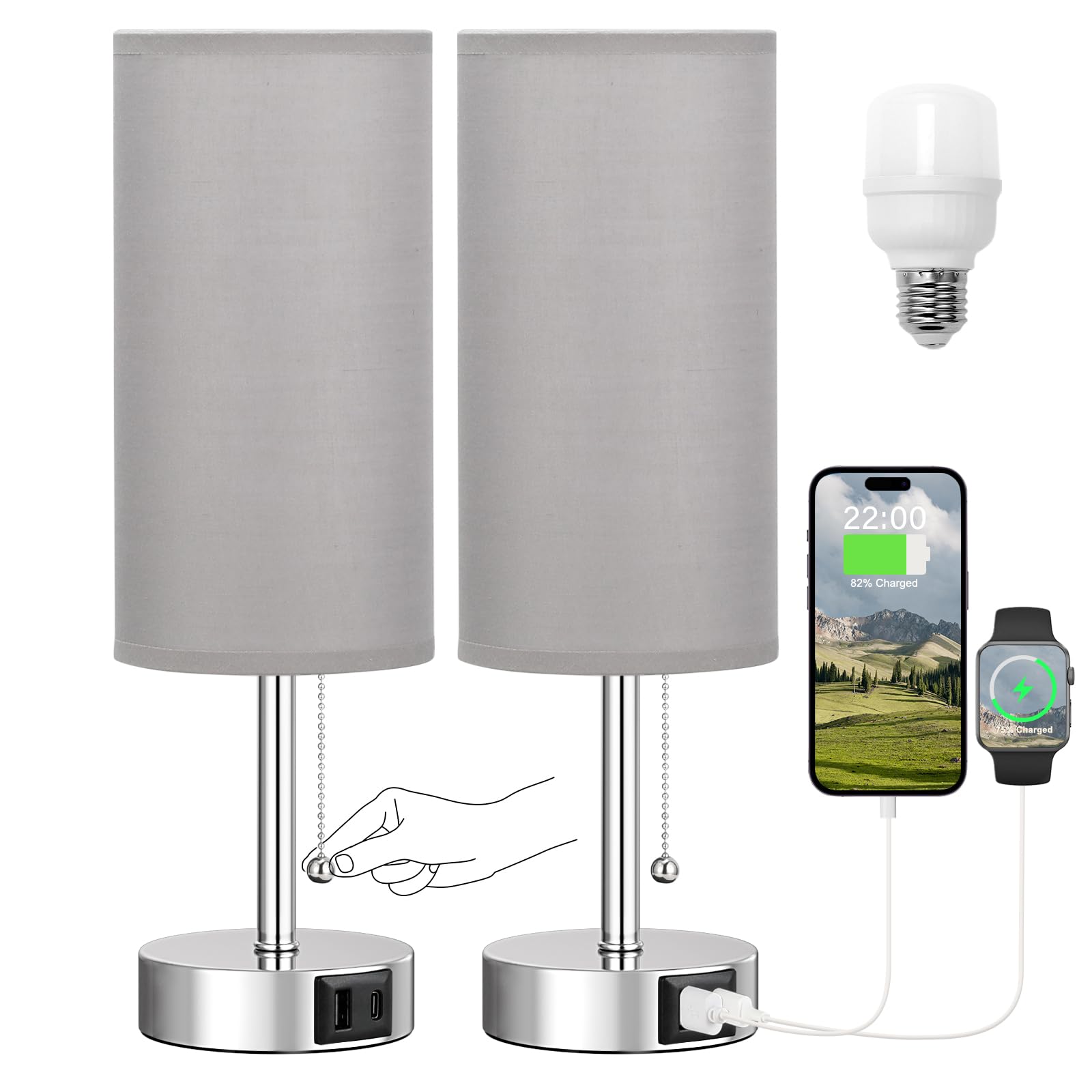 Silver Bedside Lamps For Bedroom Set Of 2 - Nightstand Table Lamp With Usb A + C Charging Port, 3 Color Temperatures Pull Chain 