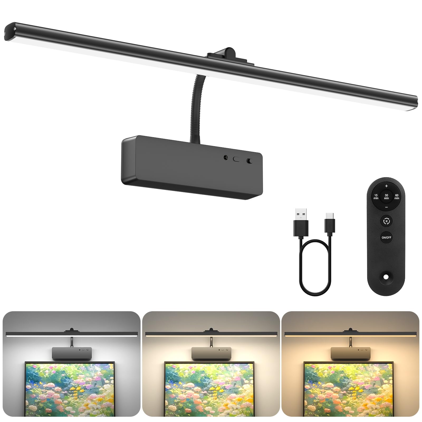 Picture Light with Remote, 20inch Wireless Rechargeable Battery Wall Light for Paintings, 3 Colors Paintings Light Dimmable and Timer Metal Art Light for Display, Wall, Artwork, Gallery (Black)