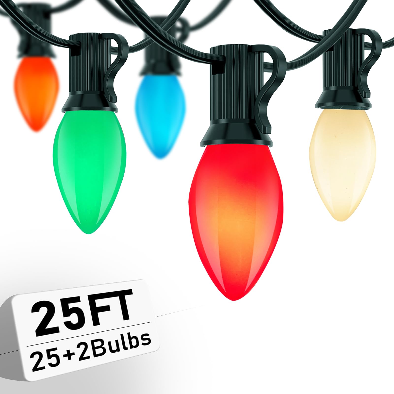 25Ft Multicolor Christmas Lights Outdoor  C7 5W Vintage Ceramic String Lights With 25 Colorful Baked Incandescent Bulbs  Hanging Patio Lights For Porch Roofline Xmas Tree Garden Pathway Indoor Decor
