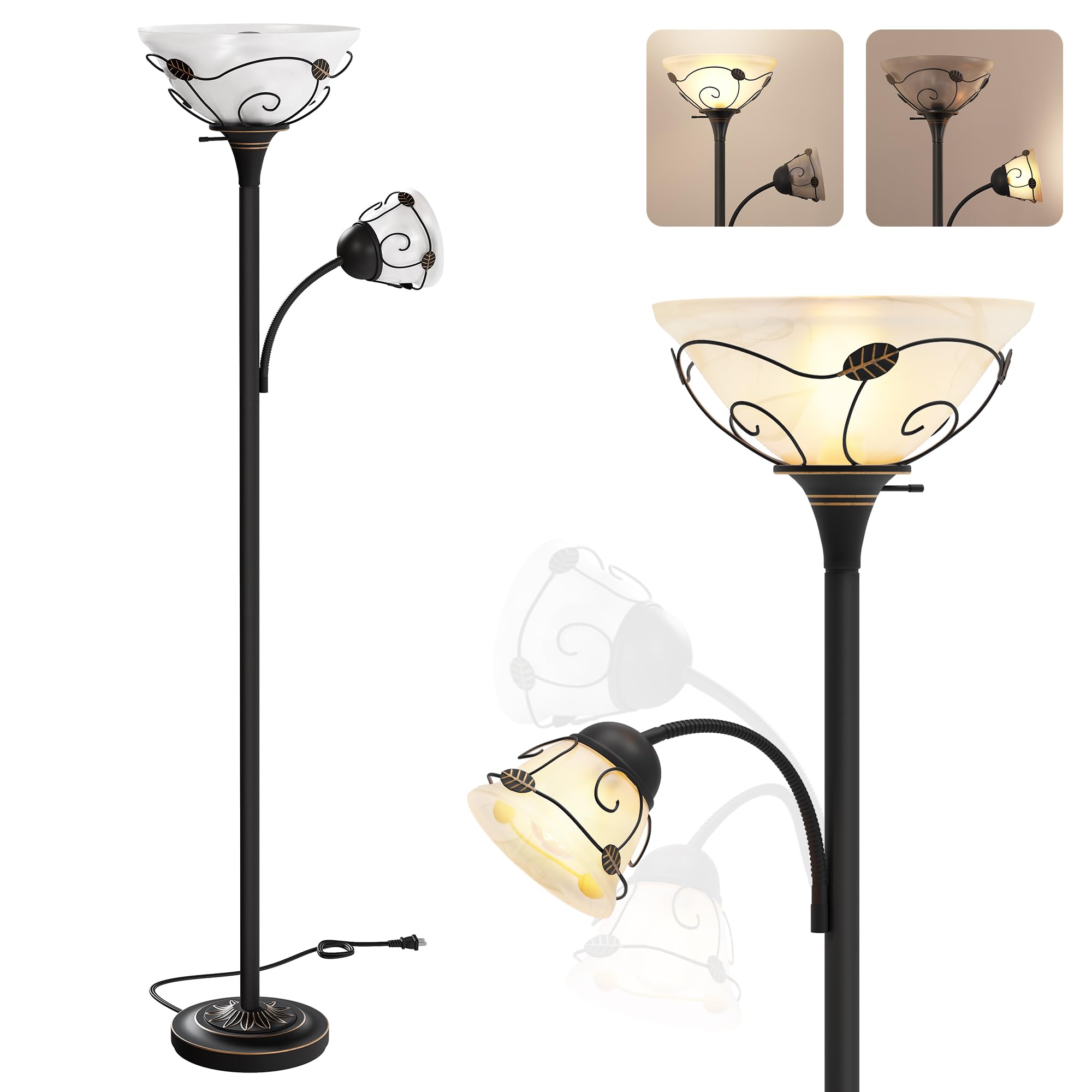 DWVO Torchiere Floor Lamp with Sidelight for Reading Home Decor, 71'' Floor Lamp with Glass Shade for Bedroom, Living Room Offic