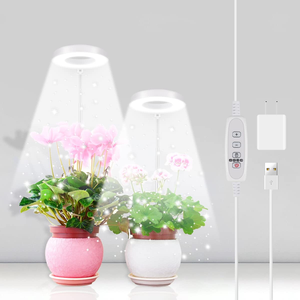 2 Pack Halo Plant Grow Light, 6000K White Led Full Spectrum Growing Lamp For Indoor Plants, Succulents, Mini Bonsai, Small Plants, Height Adjustable, Dimmable & Timer 4/8/12/18Hrs