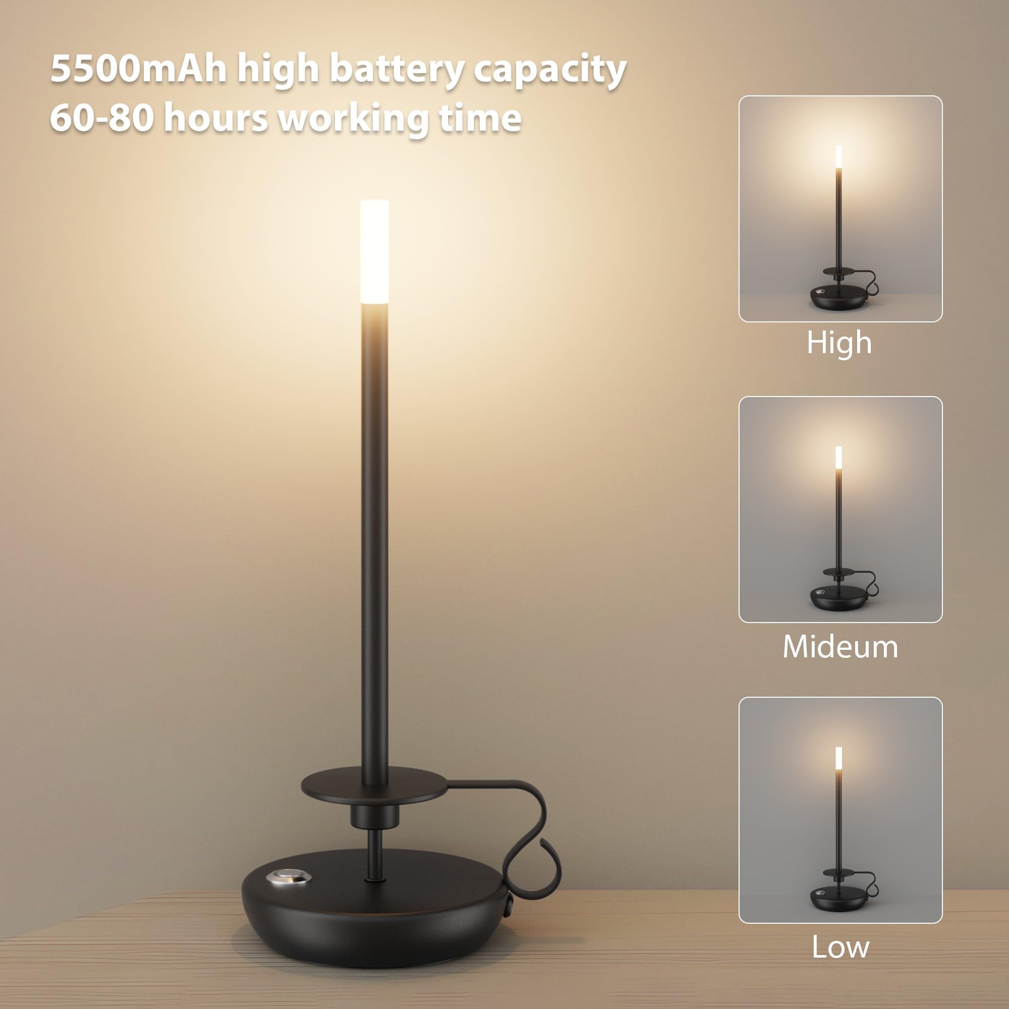 irotine Cordless LED Table Lamp, Rechargeable, Stepless Dimmable, Model HT-905, Black