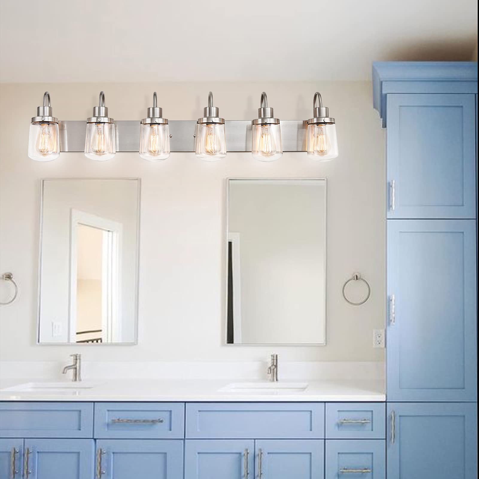 Yaohong 6-Light Satin Nickel Bathroom Vanity Light Fixture With Clear Glass Shades