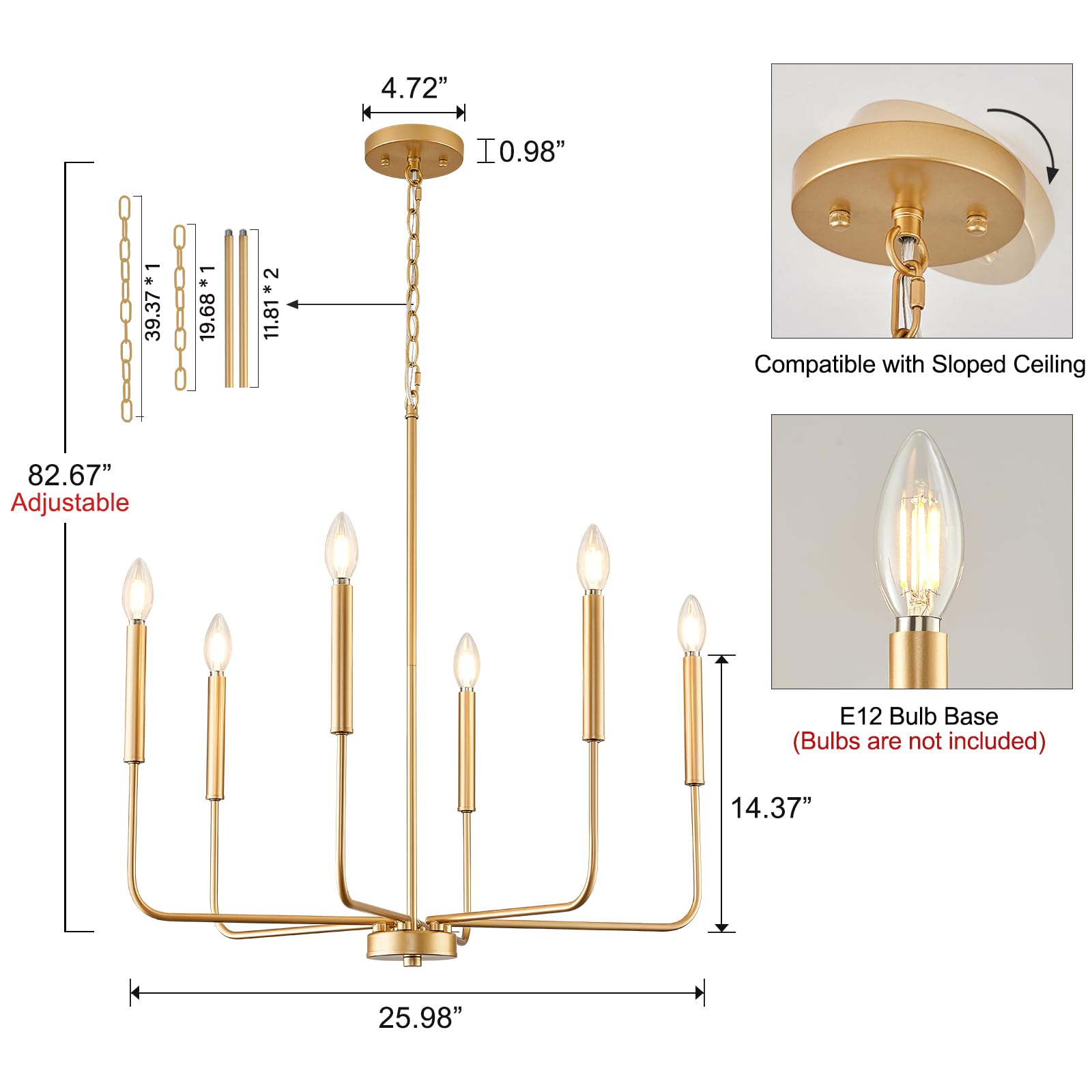 ONESMING Modern Gold Chandelier, 6-Light Metal Pendant Light for Dining Room, Kitchen & Living Room, Model GD3004-6