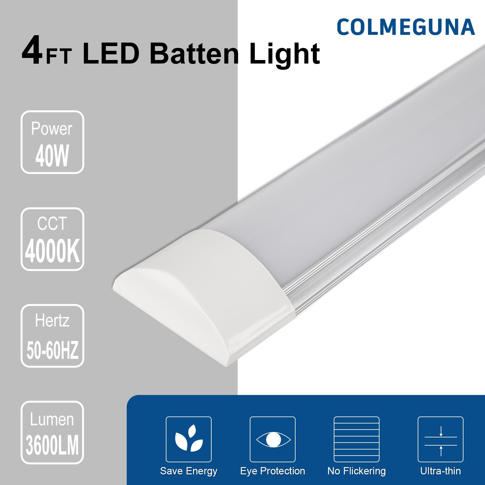 Colmeguna 2 Packs 4FT LED Batten Light, 40W Ultra-Thin Aluminium Ceiling Fixture, Day Light 4000K, IP20 for Garage/Office
