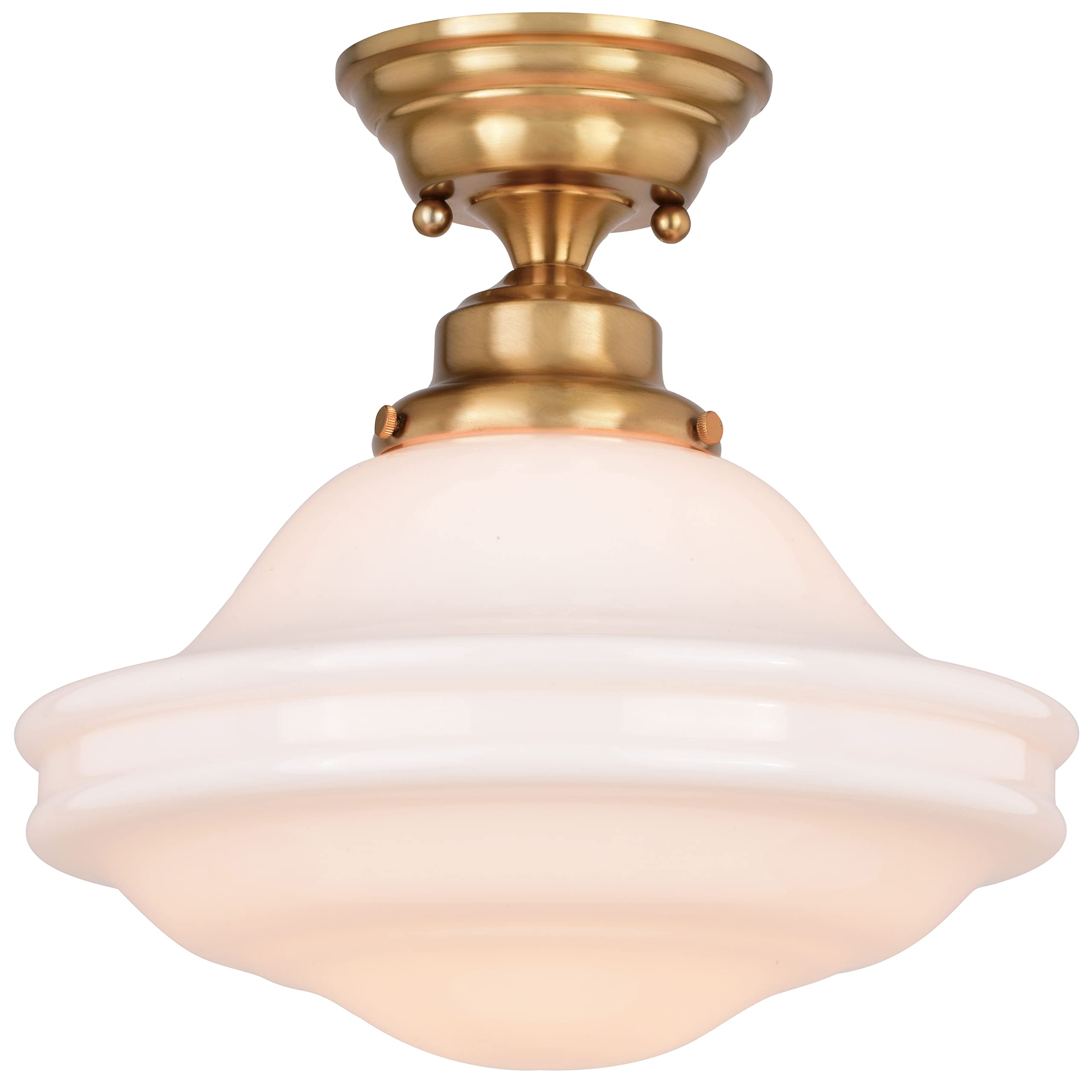 VAXCEL Huntley 12 inch Semi-Flush Ceiling Light, Farmhouse Style, Schoolhouse, White Milk Glass, Natural Brass Finish, Dimmable,