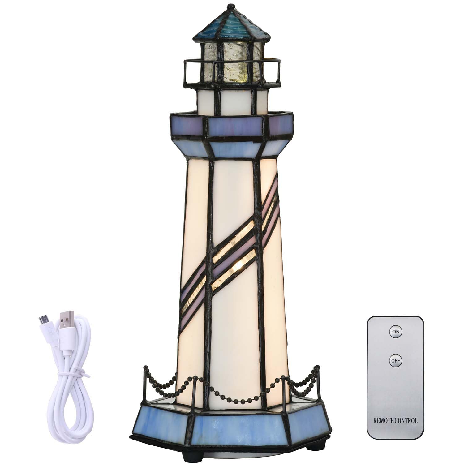 Bieye L10776 Lighthouse Tiffany Style Stained Glass Accent Table Lamp Night Light for Home Decoration (5x5x11, Blue)