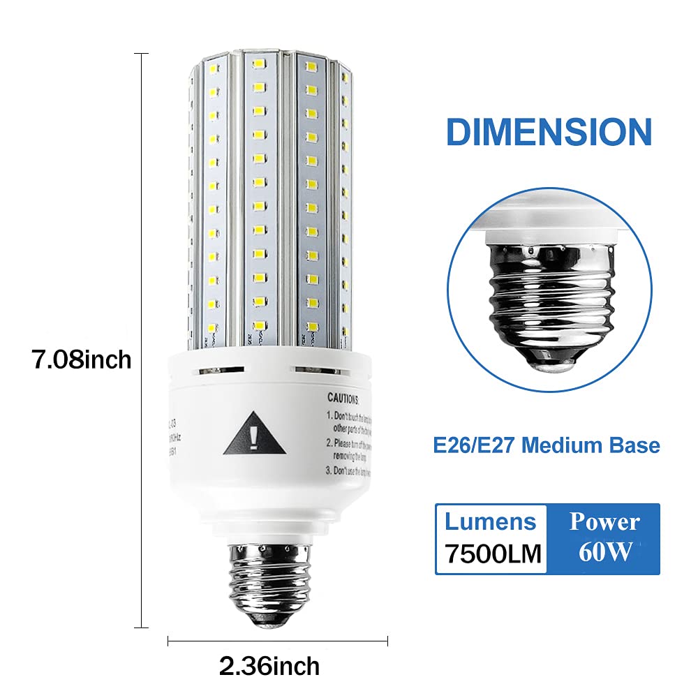 Zp 2 Pack Led Light Bulb 500W Equivalent 7500 Lumen 5000K E26/E27 Medium Base 60W Led Bulb For Outdoor Indoor Lamp Area Garage W