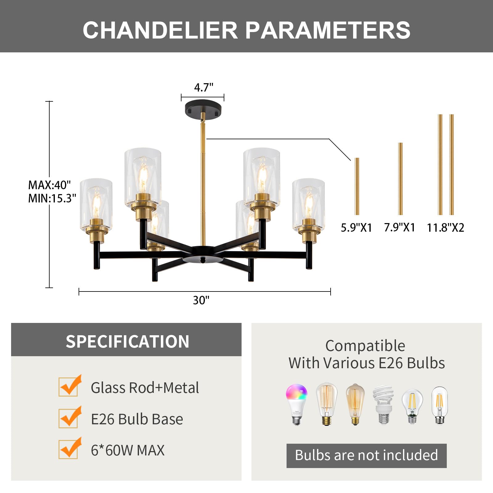 Hccz 6 Light Dining Room Light Fixture Black & Brushed Brass Gold Farmhouse Chandelier Over Table Modern Hanging Pendant Lightin