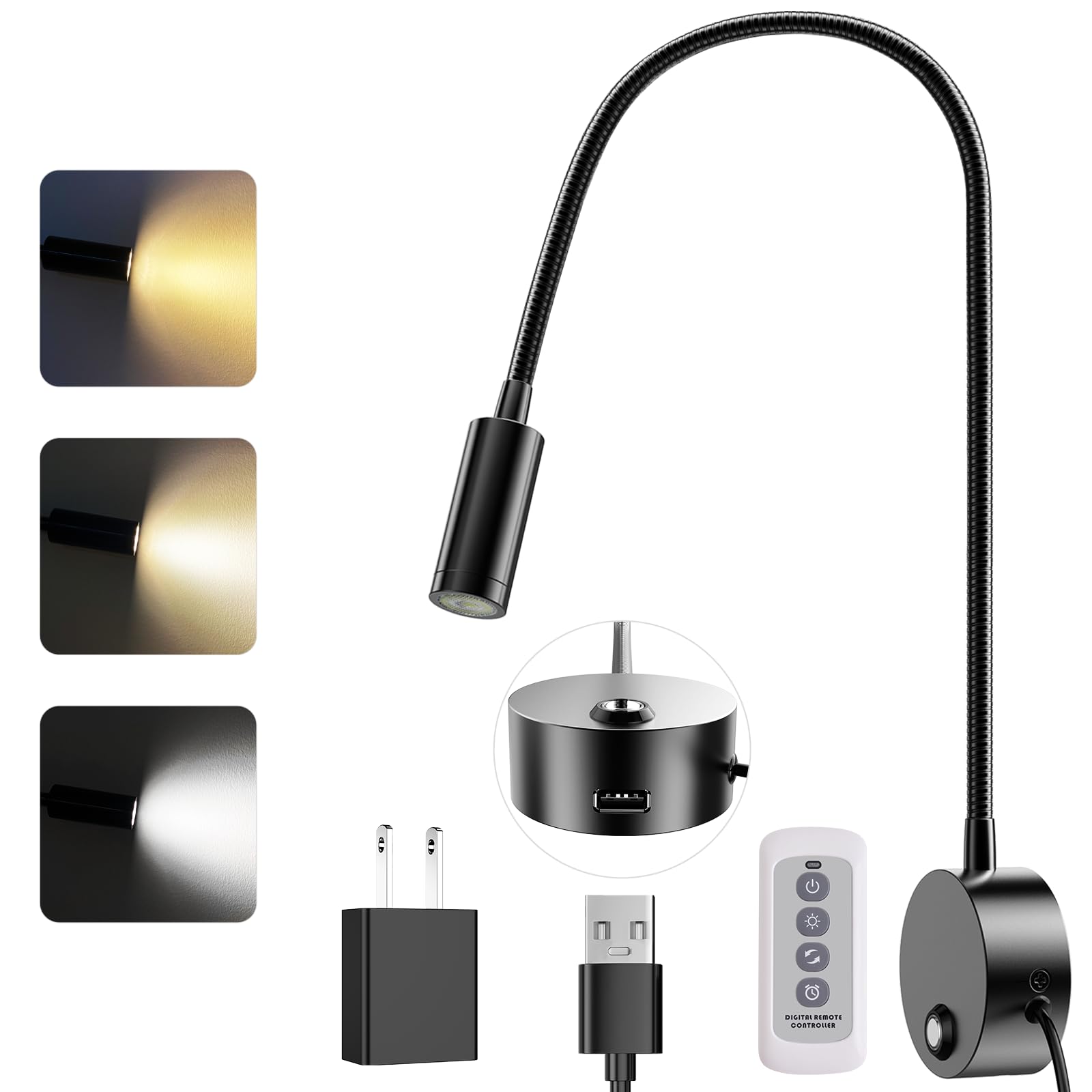 ERAY Wall Mounted LED Reading Light, Dimmable, Remote Control, USB Charging, 15in Gooseneck, Black, 1 Pack, Model PY-HB605U-RF