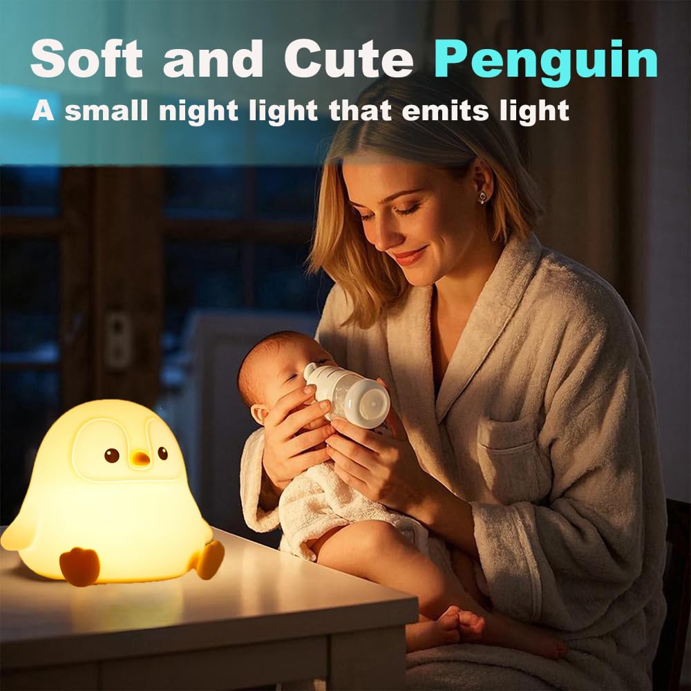 KangTen CHEN Cute Penguin Night Light, USB Rechargeable Silicone Lamp, Gray, Model DS-PG-02, Touch Control for Kids Bedroom