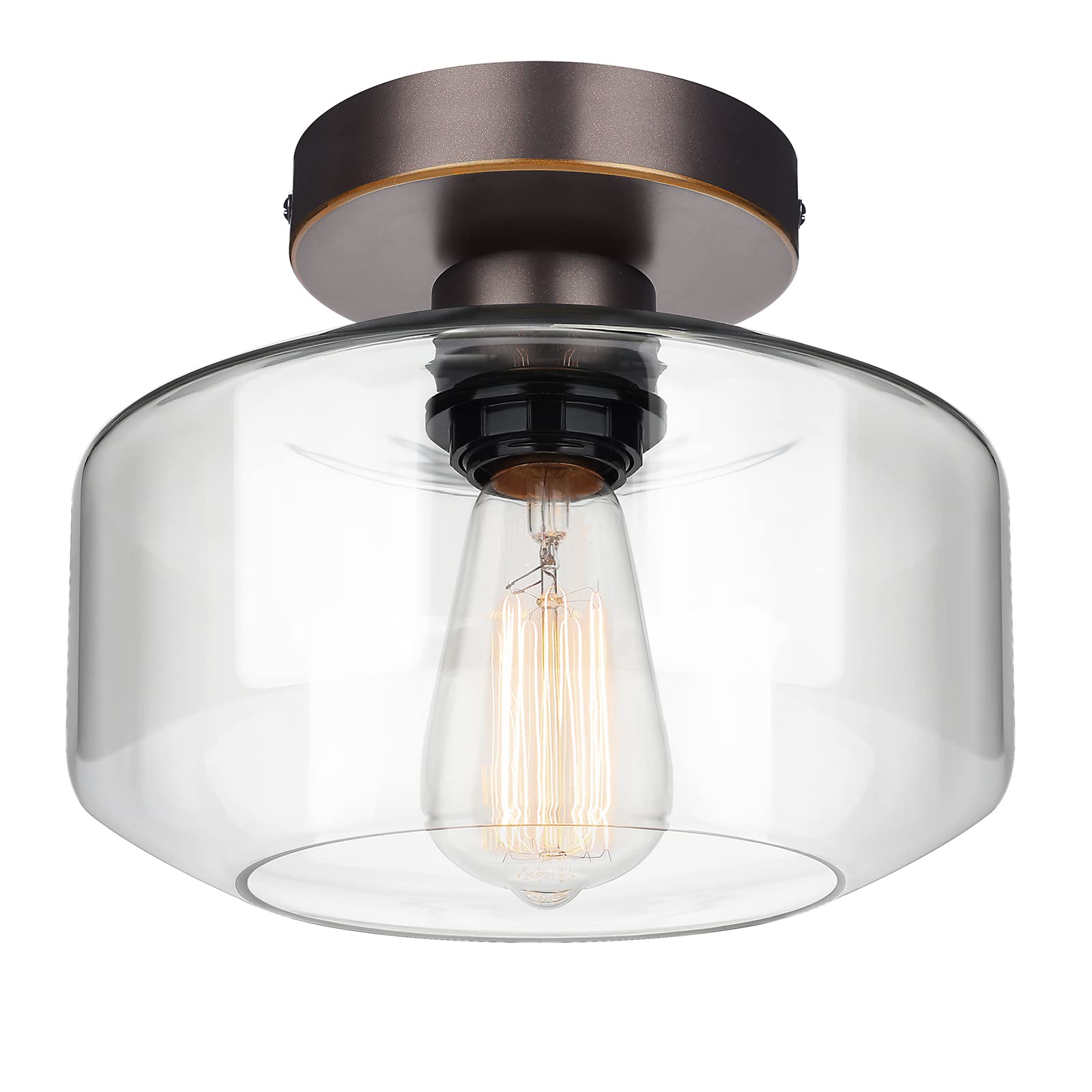 MAXvolador Industrial Semi Flush Mount Ceiling Light, Clear Glass Pendant Lamp Shade, Oil Rubbed Bronze Farmhouse Lighting, Hang