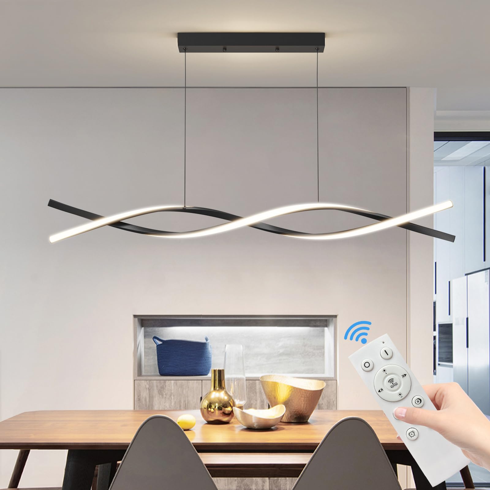 Modern Led Ceiling Pendant Light, 39In Modern Chandelier With Remote Control 3000K-6500K Adjustable Color Temperature, Aluminum Island Lighting Lamp For Dining Room, Living Room, Island