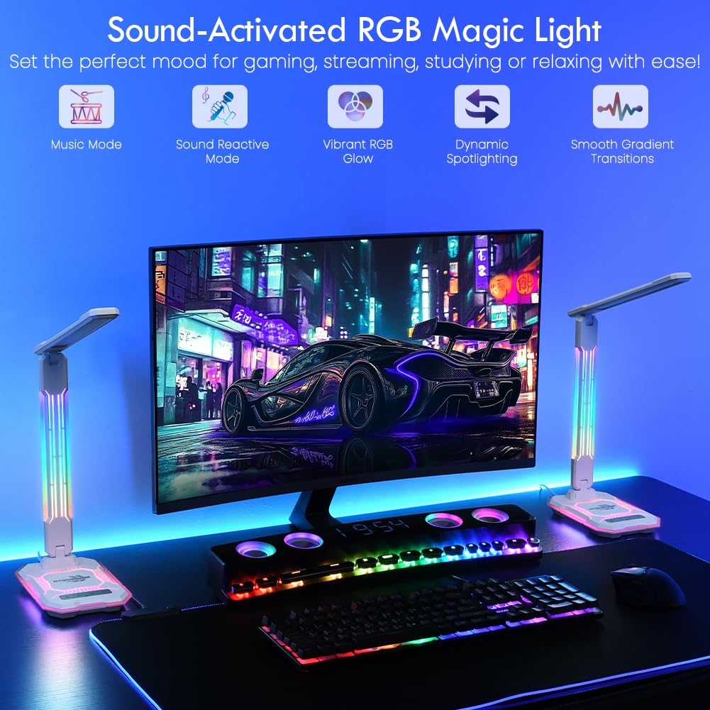 Wilit Led Rgb Gaming Desk Lamp, Voice Activated Changing Colors Rhythm Light With Wireless Charger And Usb Charging Port, Colorf