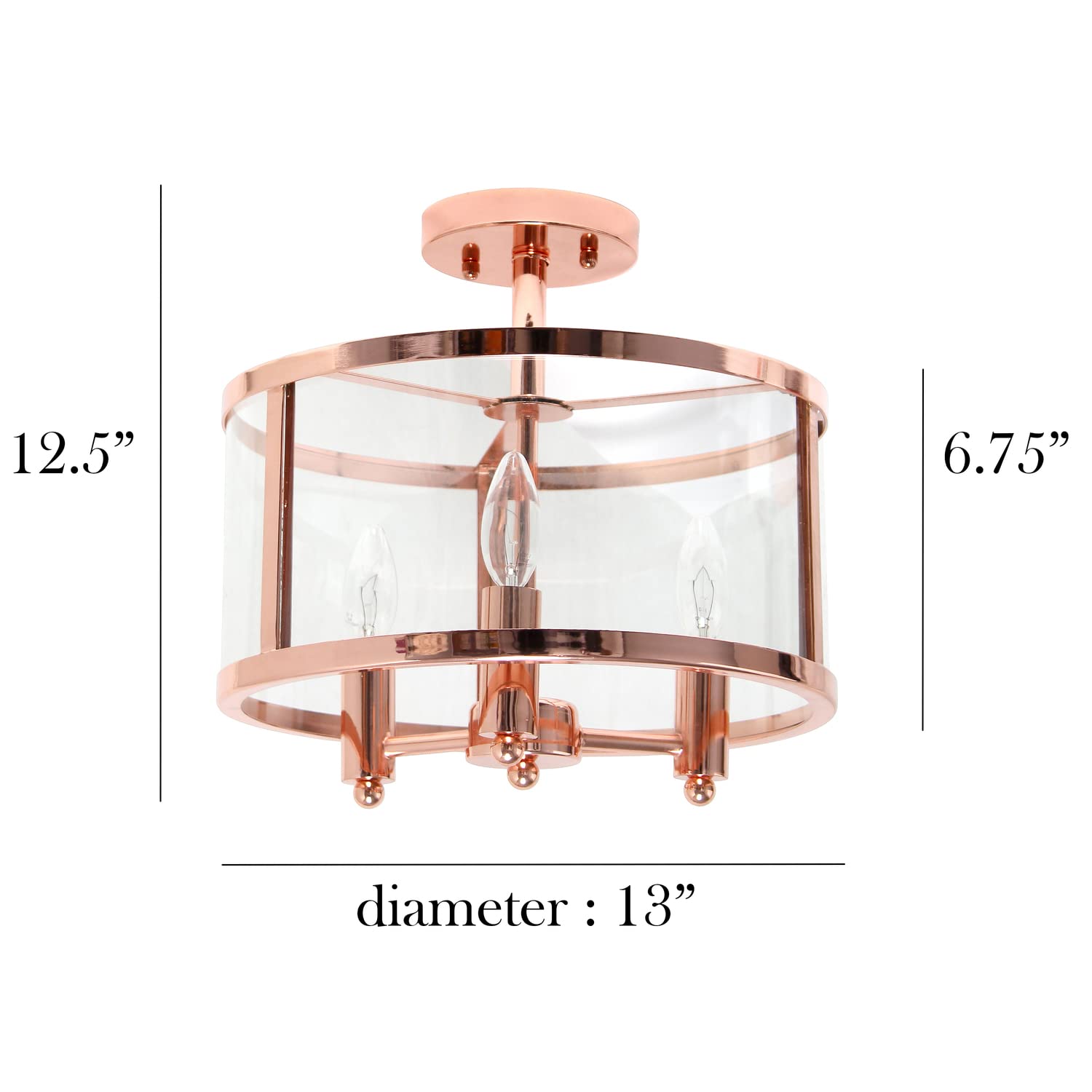 Elegant Designs FM1005-RGD 3-Light Semi-flushmount Ceiling Light, 13in Iron and Glass, Rose Gold, Traditional Farmhouse Style