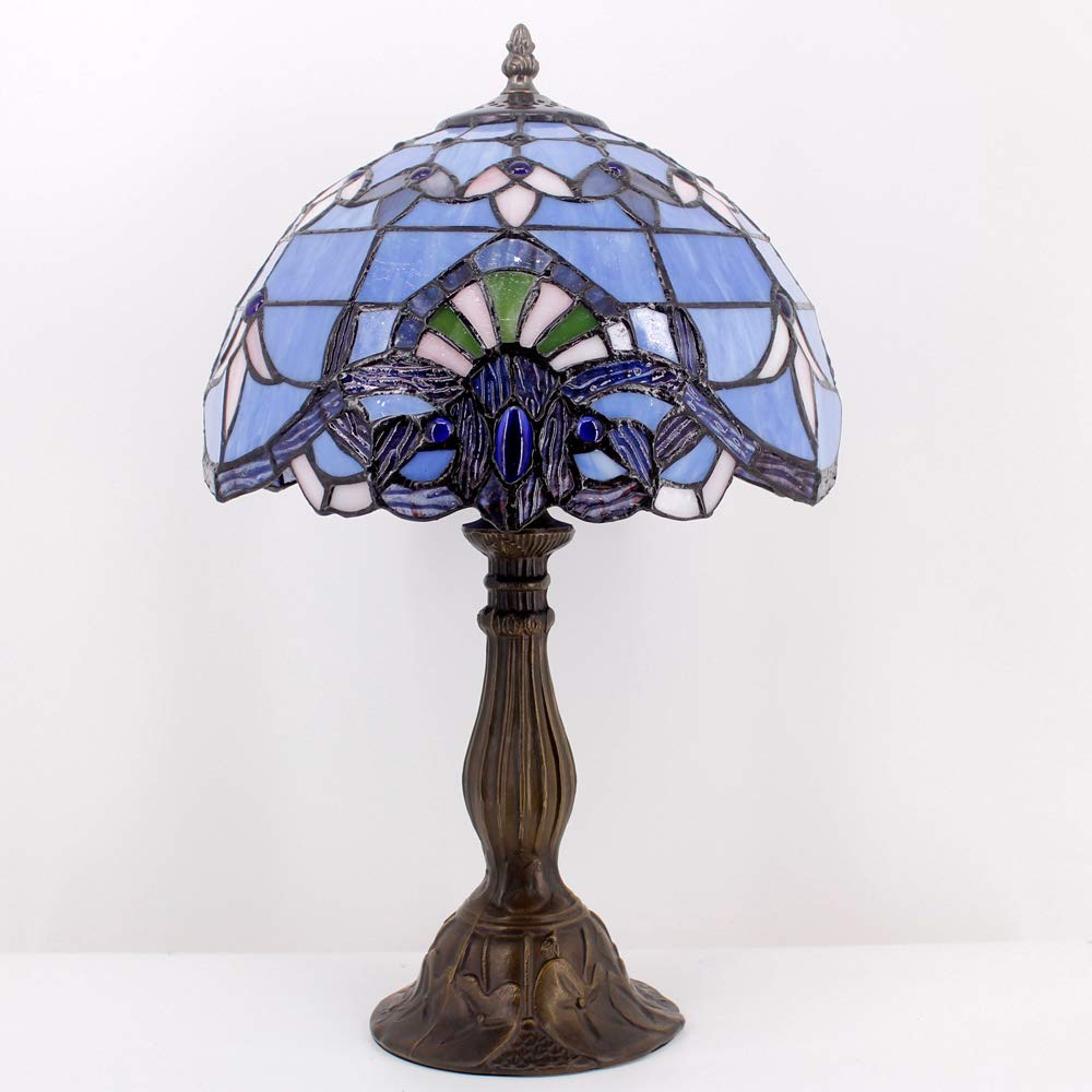 WERFACTORY Tiffany Table Lamp, Stained Glass, 12x12x18 Inches, Blue Purple Baroque, S003C Series, Ideal for Bedroom and Living Room Decor
