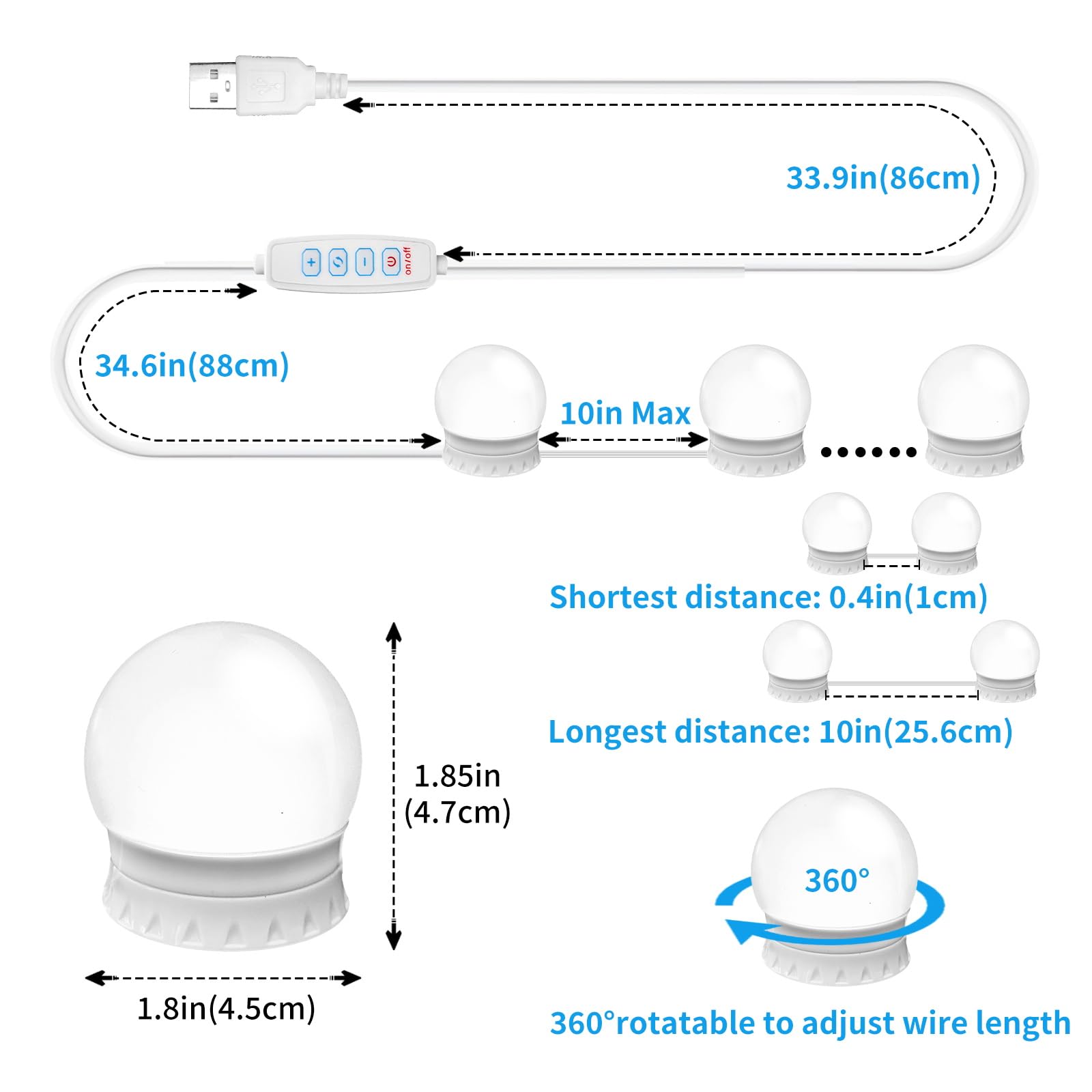 Led Vanity Mirror Lights With 12 Stick On Dimmable Bulbs, 3000K 4500K 6500K & 10 Brightness Levels Adjustable, Plug In Usb Cable