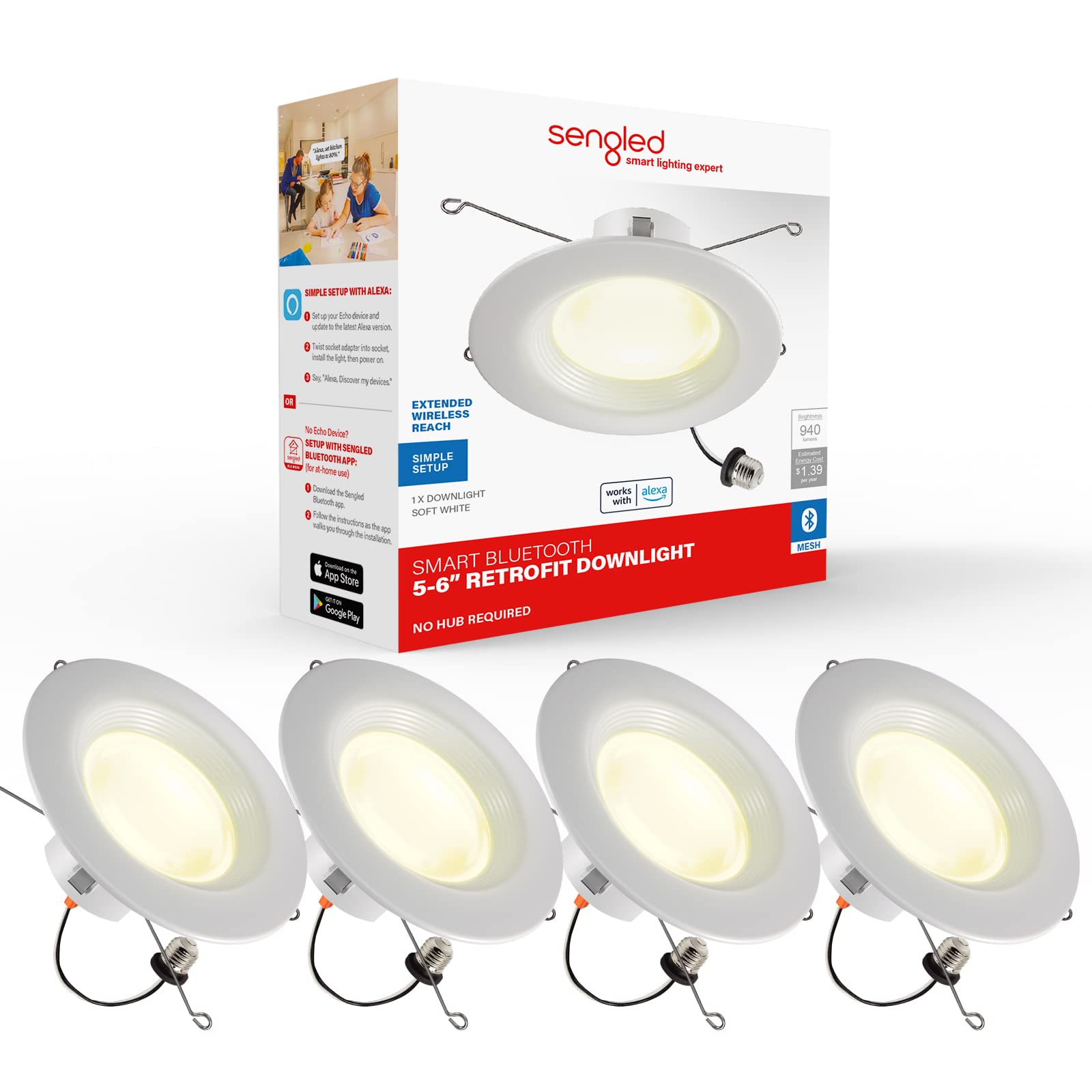 Sengled Smart Recessed Lighting 5/6 Inch, 940Lm Soft White Led Can Lights Work With Alexa, Retrofit Recessed Lighting 2700K Dimmable 11.5W, Led Downlight, Baffle Trim, Bluetooth No Hub Request, 4 Pack