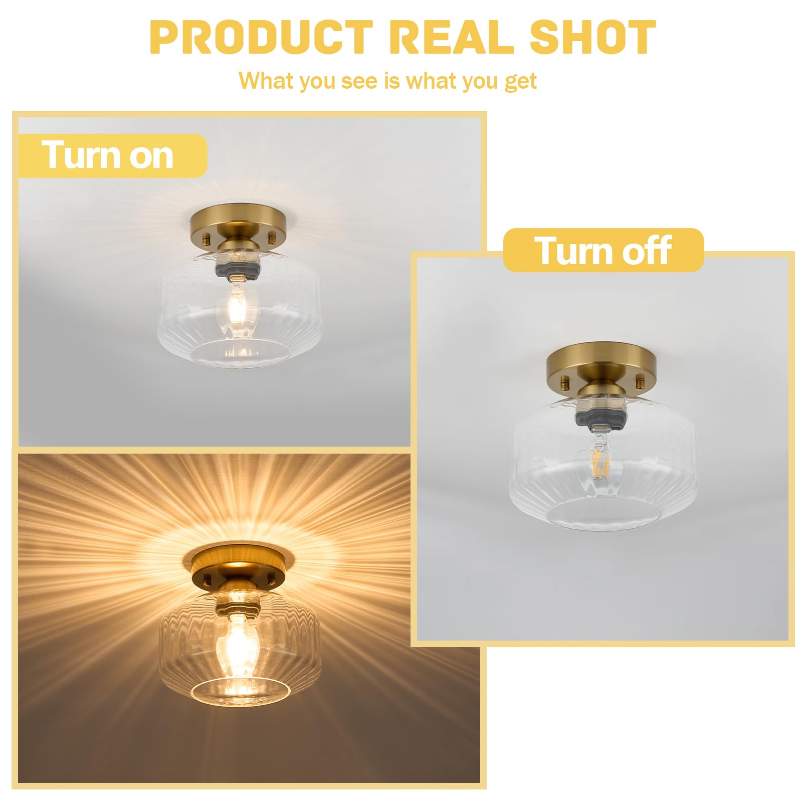 Bisamiya Modern Gold Semi Flush Mount Ceiling Light, Brass Finish Ceiling Light Fixture With 8.66'' Textured Glass Shade For Hal
