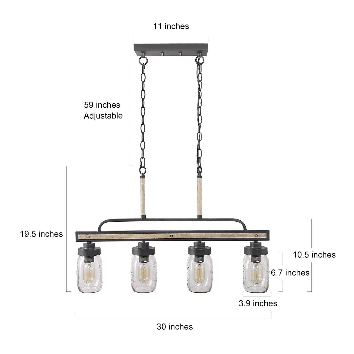 LOG BARN Rustic 4-Light Mason Jar Chandelier, Farmhouse Metal Pendant for Kitchen Island, Dining Room
