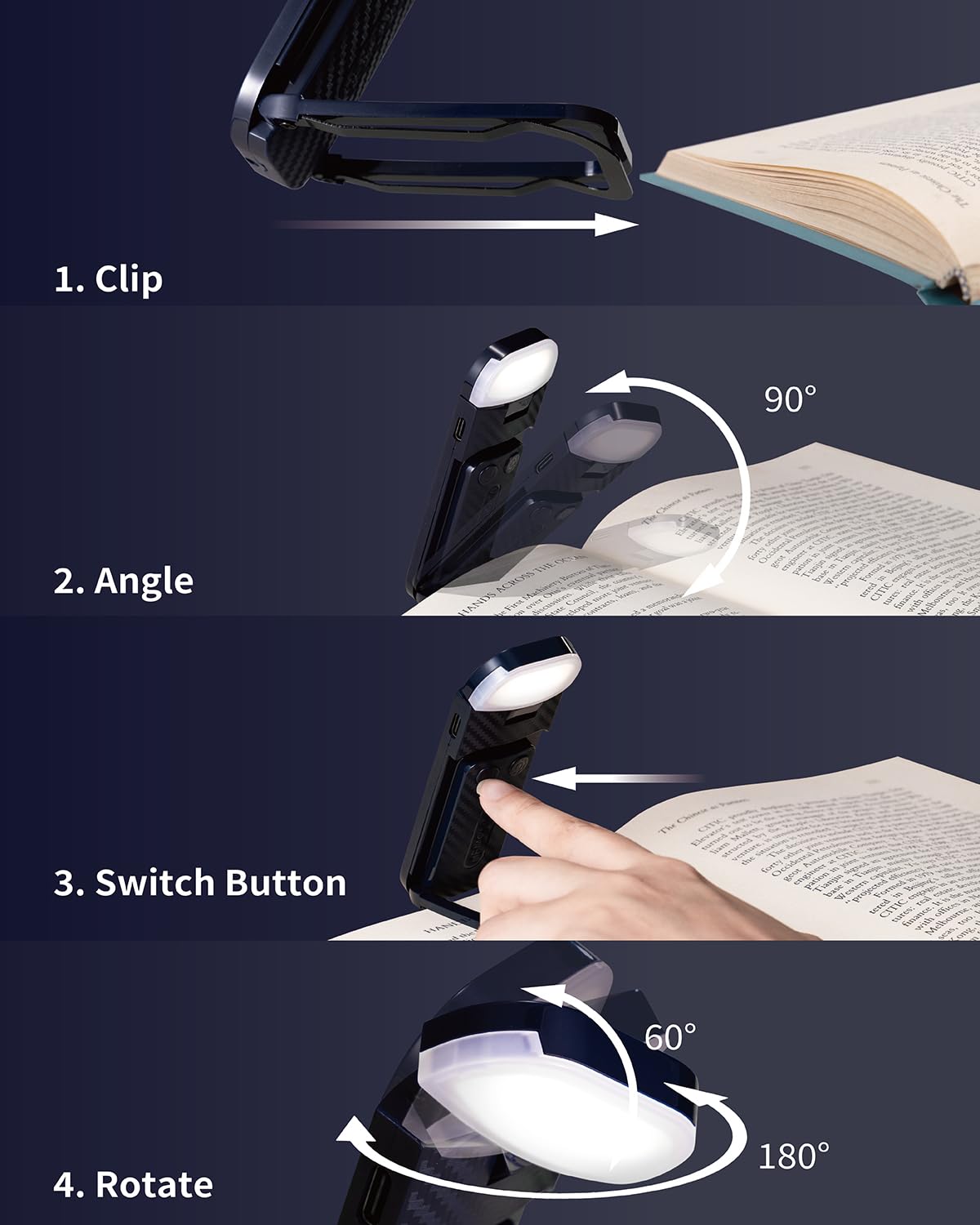 HEMONNKAM Clip-on Reading Light, Rechargeable, ABS+PC, Deep Blue, Model Book Light-002