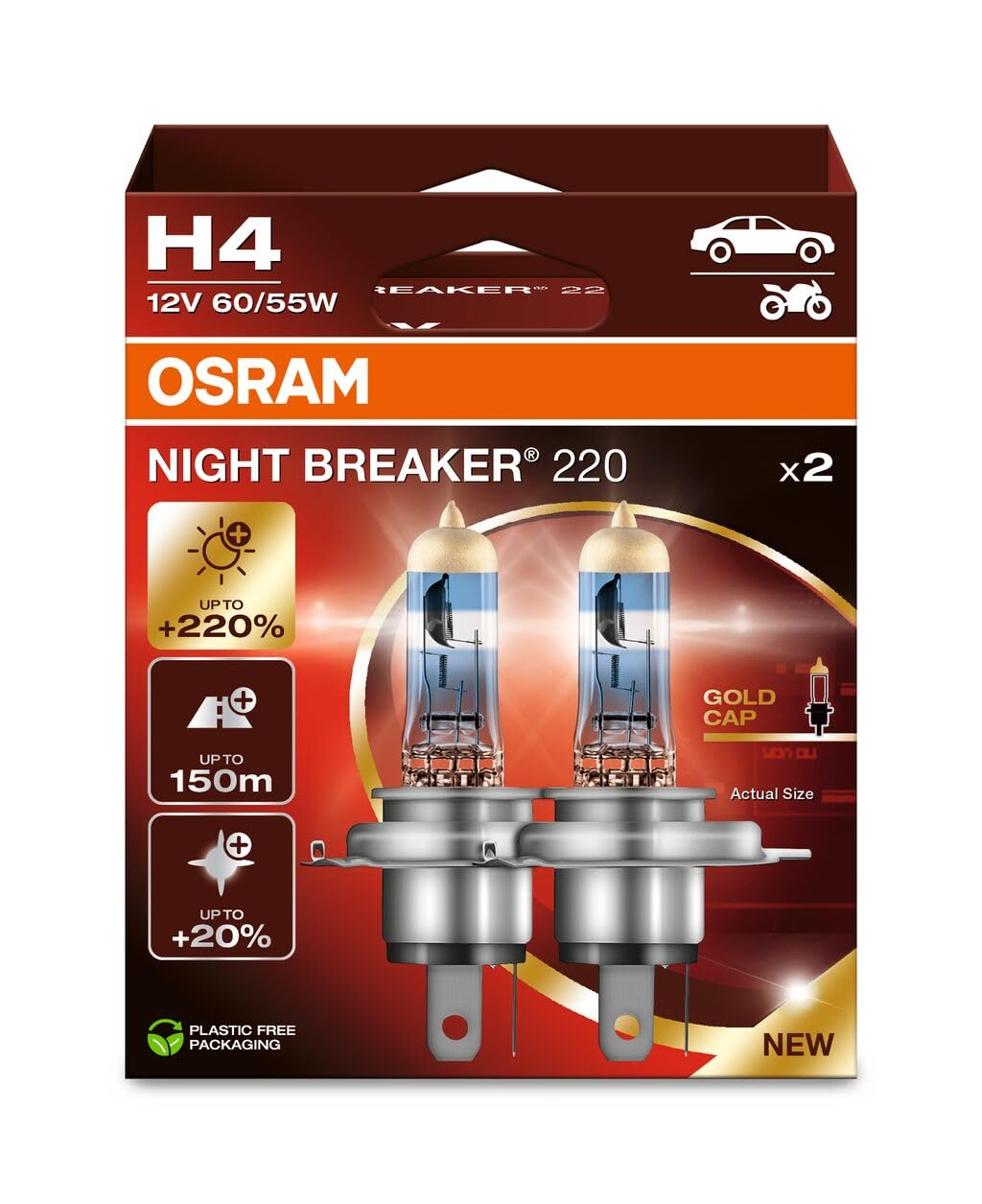 Osram Night Breaker 220, H4, 220% Brighter Halogen Headlight Lamp, 64193Nb220-2Hb, Folding Box (2 Lamps)
