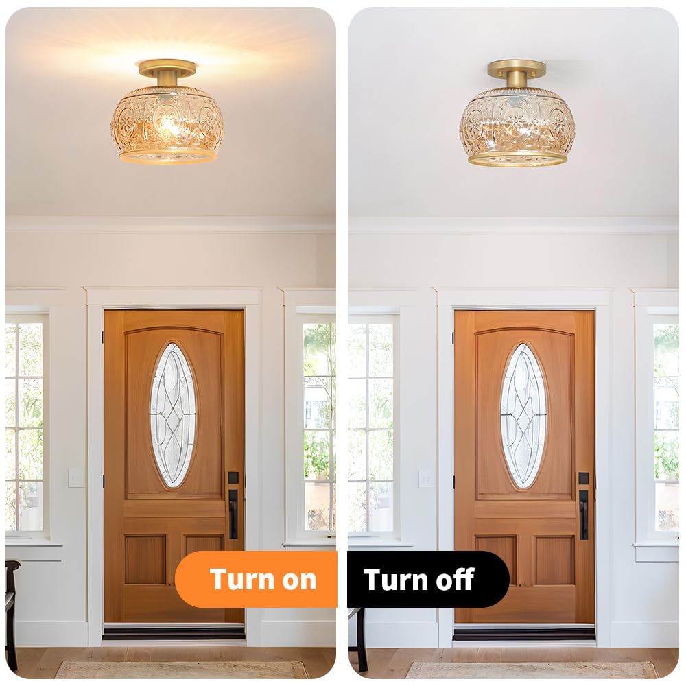 Oiyio Brushed Brass Semi Flush Mount Ceiling Light With Amber Globe Glass Shade  Modern Hallway Lighting Fixtures  Vintage Ceiling Light For Kitchen  Bedroom  Closet  Entryway  Porch