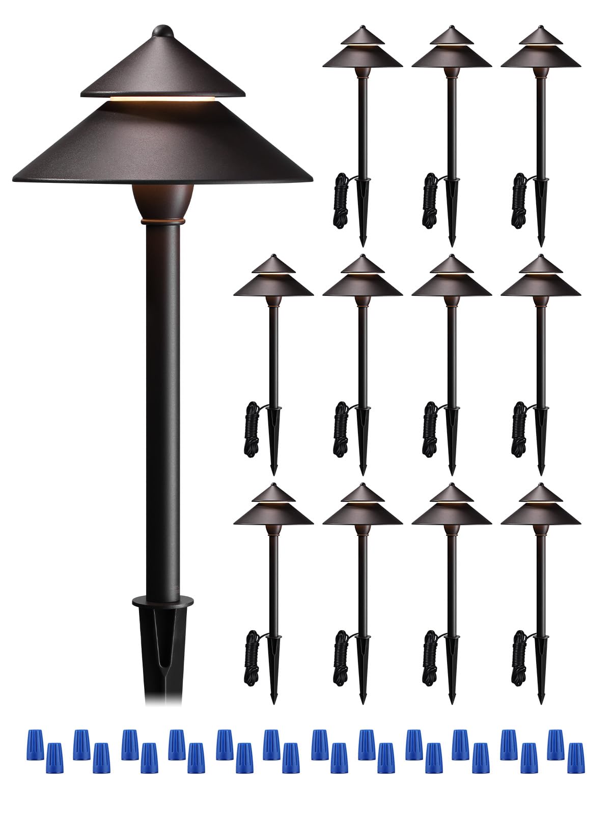 LEONLITE 12-Pack LED Landscape Pathway Lights, 3W Low Voltage, 127LM, Waterproof Aluminum, 3000K Warm White, Bronze, Model 15837