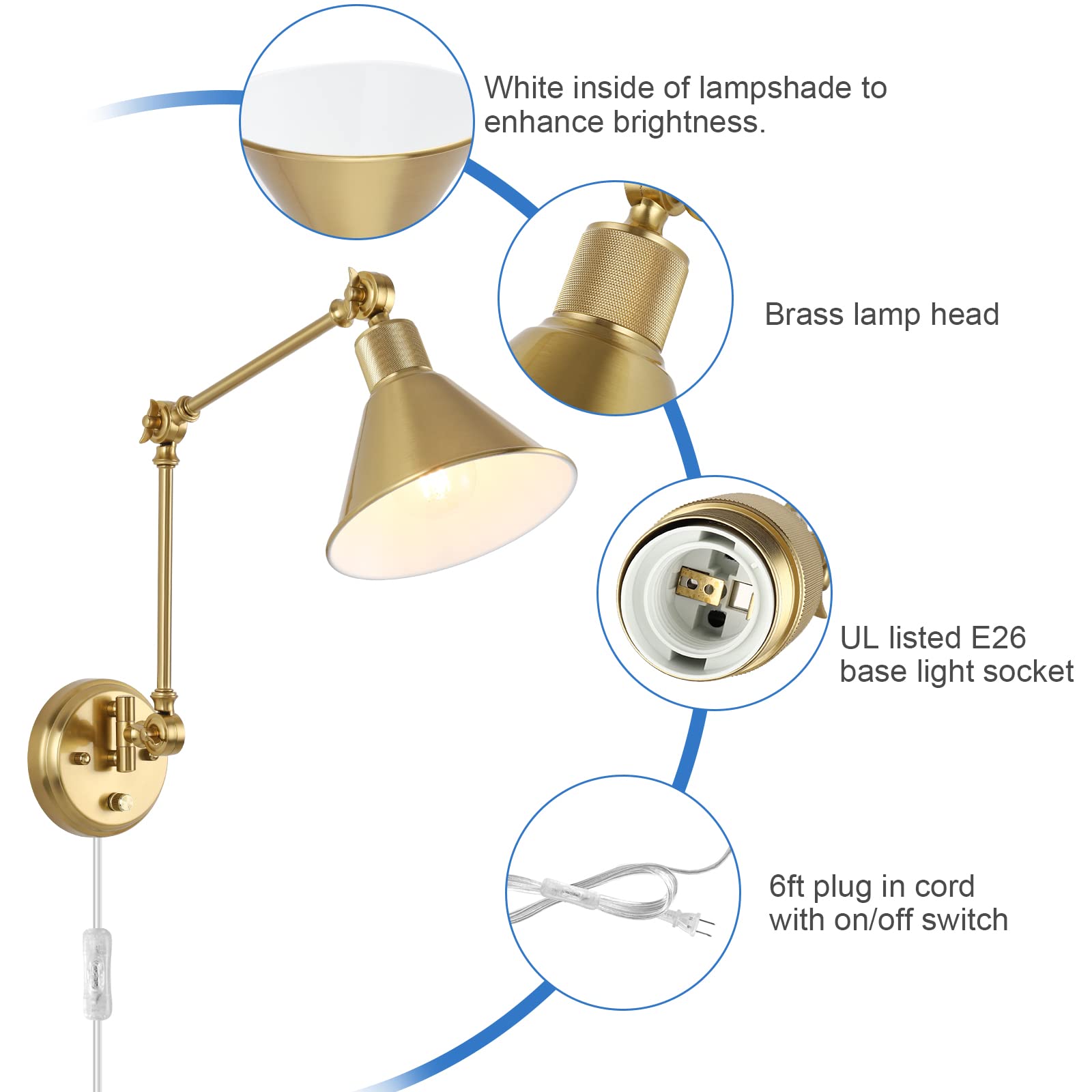 TRLIFE Wall Sconces, Dimmable Brass Swing Arm Lights, 2 Pack, Gold, E26 Base, UL Listed, Model Two-ArmsBr-01-2P