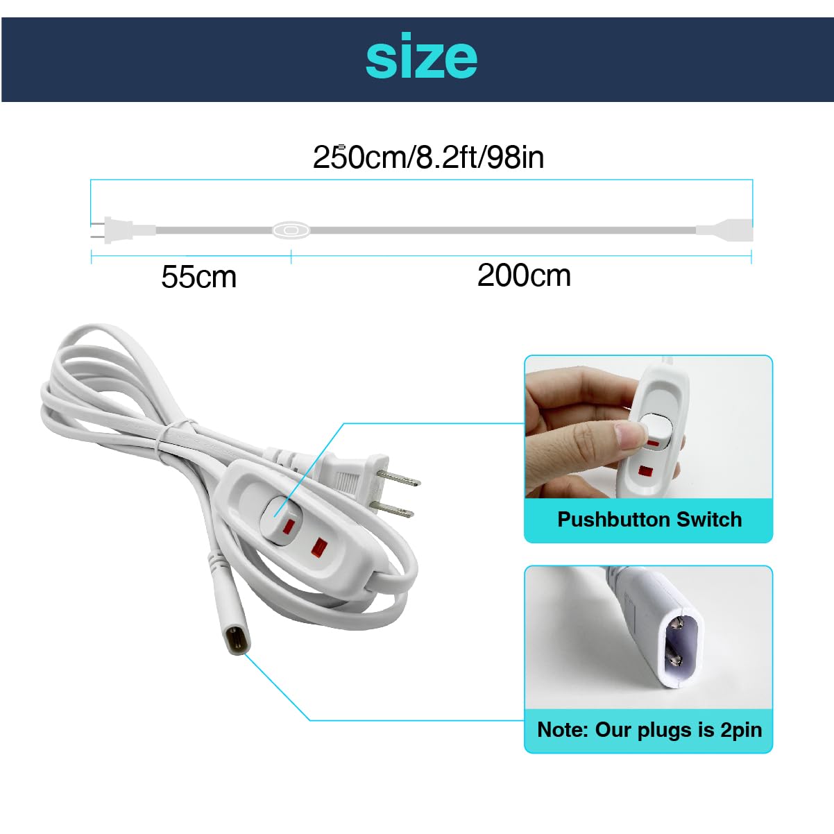 Cezelux 1 Pack Hardwire Power Cable with Switch, 2.5M LED Connector, White, for Honeycomb Lighting Systems