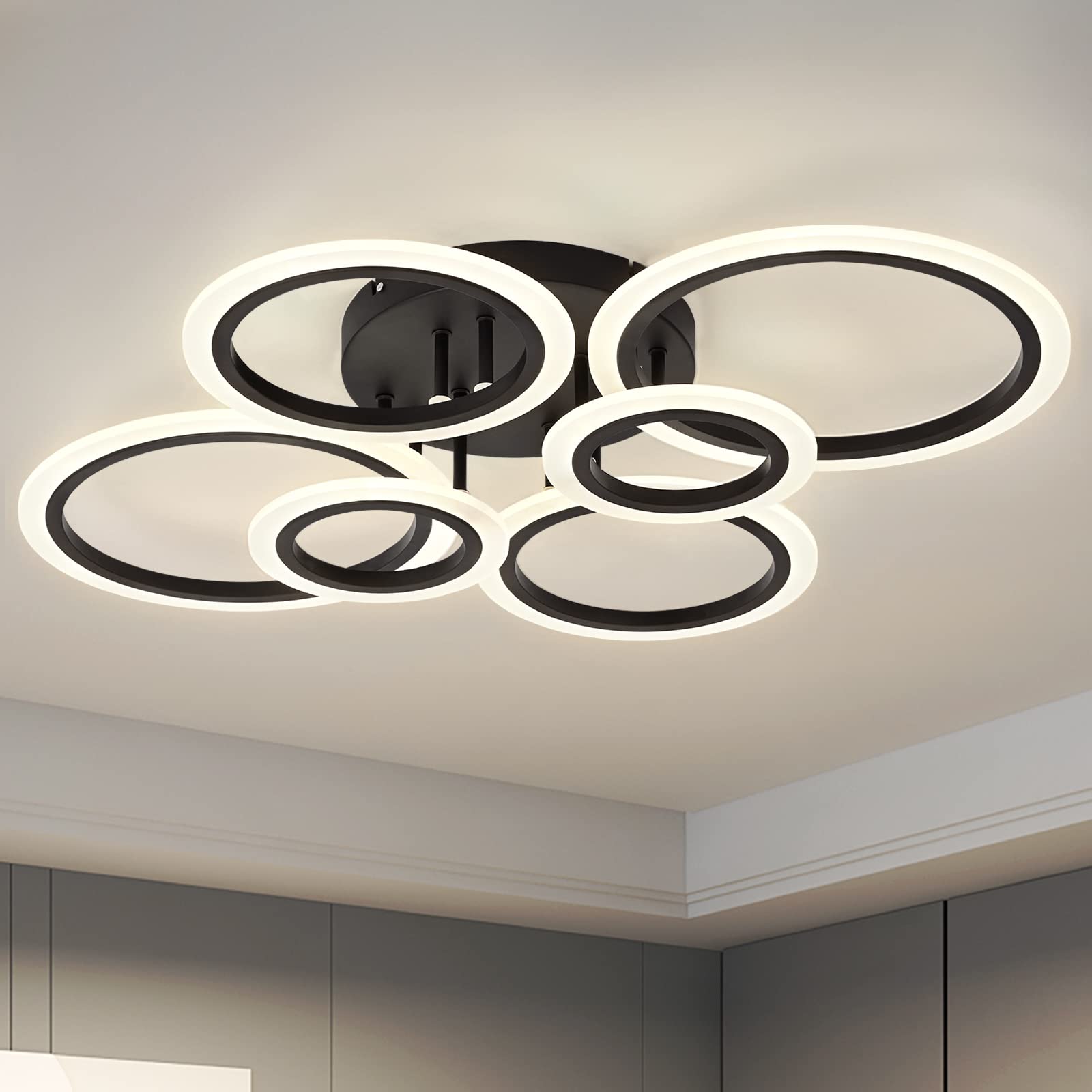 Vikaey Modern Led Flush Mount Ceiling Light, 6 Rings Black Close To Ceiling Light, Lighting Fixture Ceiling Lamp For Kitchen, Living Room, Bedroom, Laundry Room, 4000K Not Dimmable