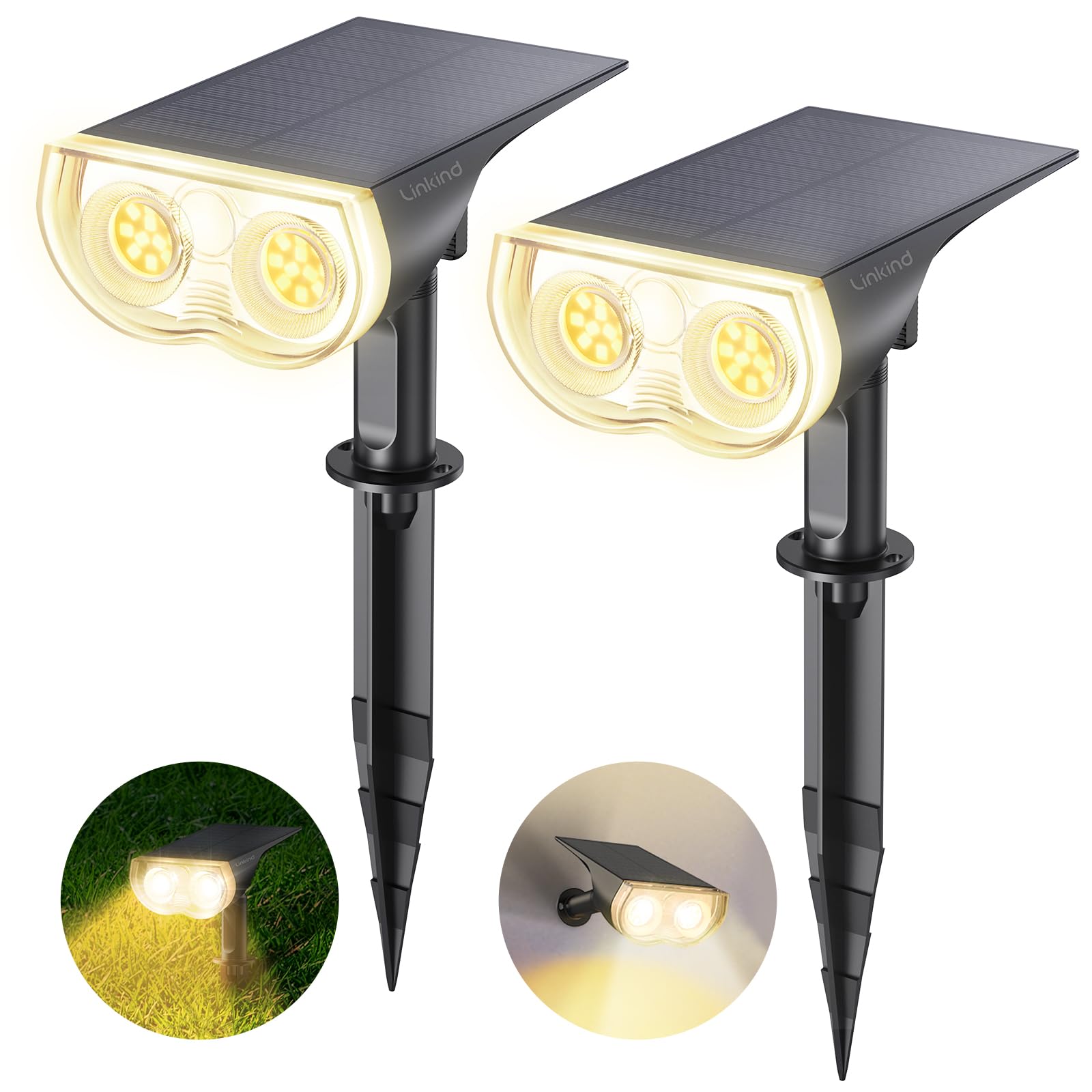 Linkind Solar Landscape Spotlights, IP67 Waterproof, 16 LEDs, Warm White, 2 Pack, Model LL1800936