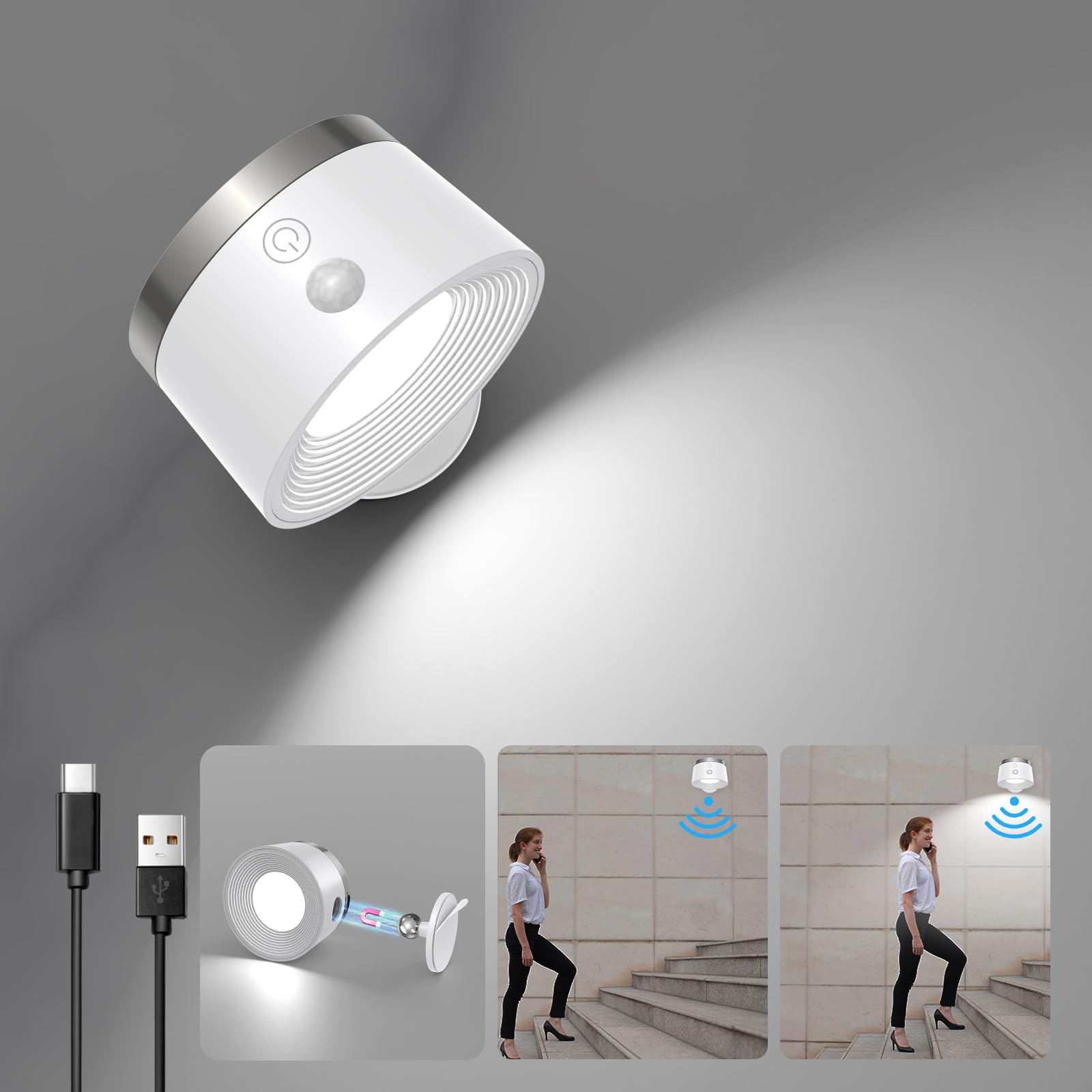 Moobibear Motion Sensor Wall Light, 3500mAh Battery, 3 Color Temperatures, 360° Rotation, White, Model GANYINGFUTI, 1 PC
